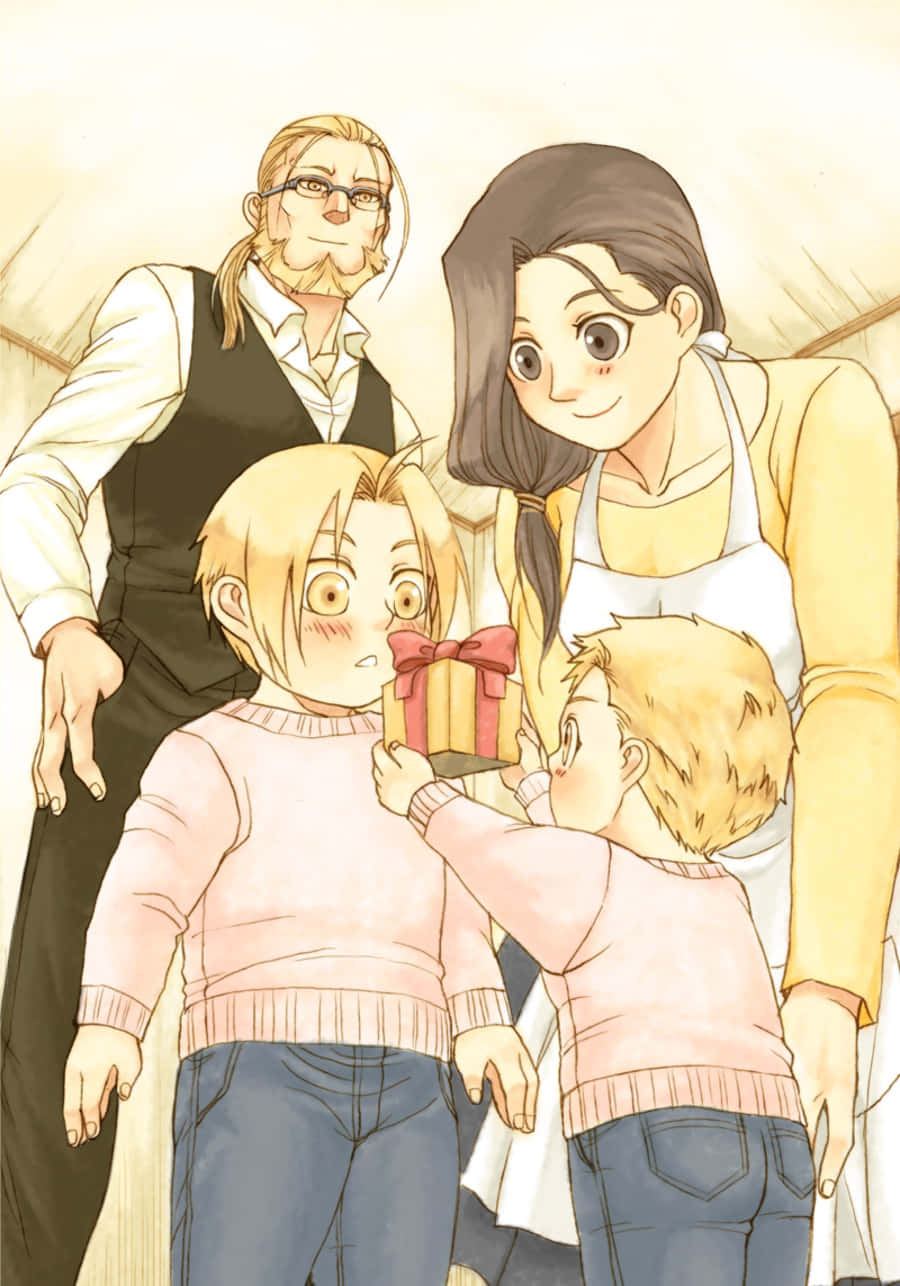 Van Hohenheim 桌布 壁紙 — 一個溫暖的動畫家庭場景，小男孩向驚訝的兄弟姐妹贈送禮物，父母在他們身後慈愛地微笑。