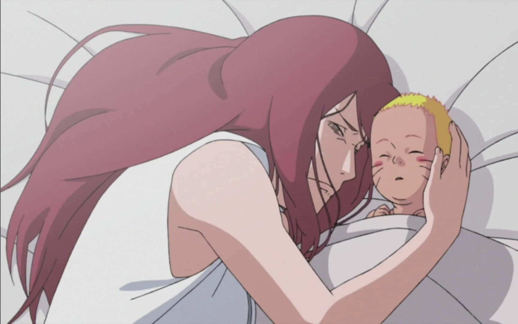 Kushina Uzumaki 桌布 壁紙 — 一個溫柔的動漫場景，一位長著粉紅色長髮的女性輕輕地搖籃一個睡著的嬰兒，嬰兒有尖尖的金色頭髮。