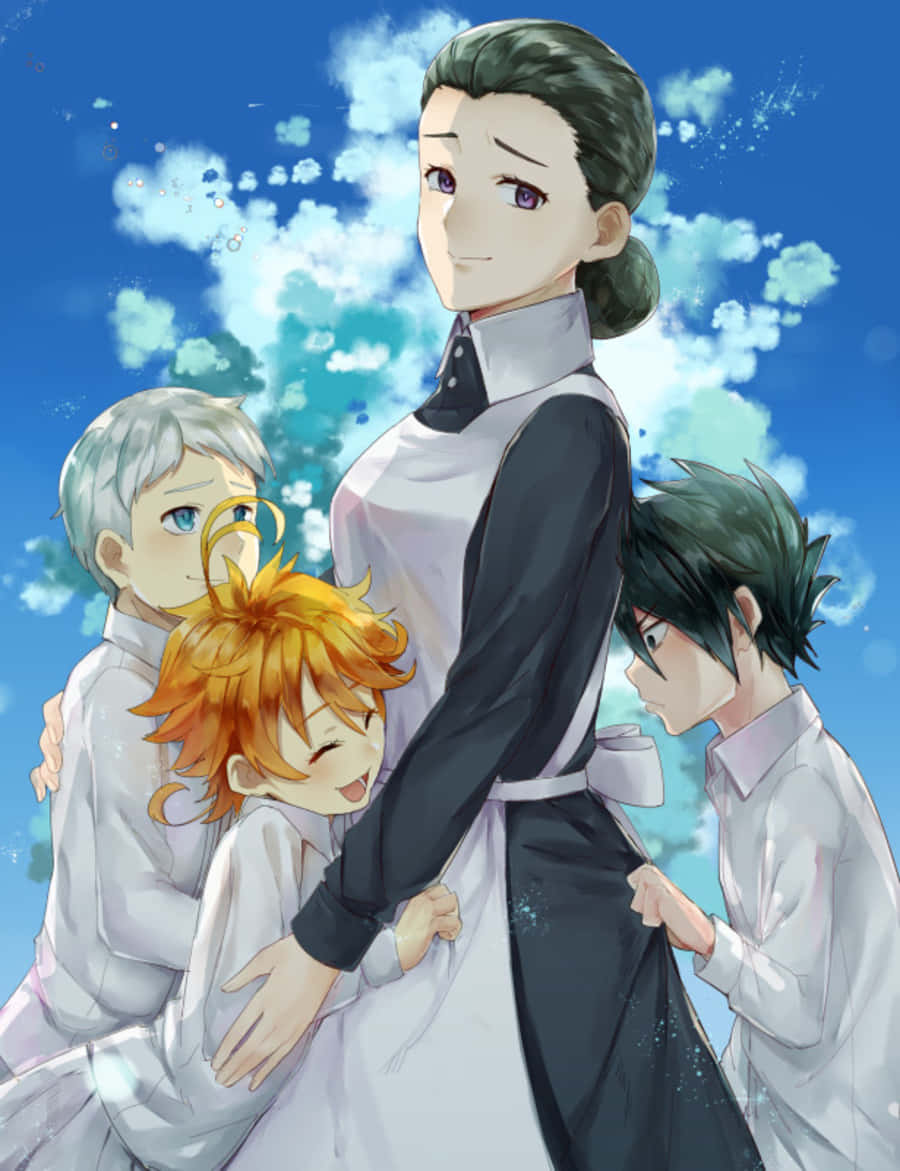 The Promised Neverland Isabella 桌布 壁紙 — 一個溫柔的動漫場景，一名穿著女僕裝的女子被三個小男孩包圍，背景是明亮的藍天和蓬鬆的雲朵。