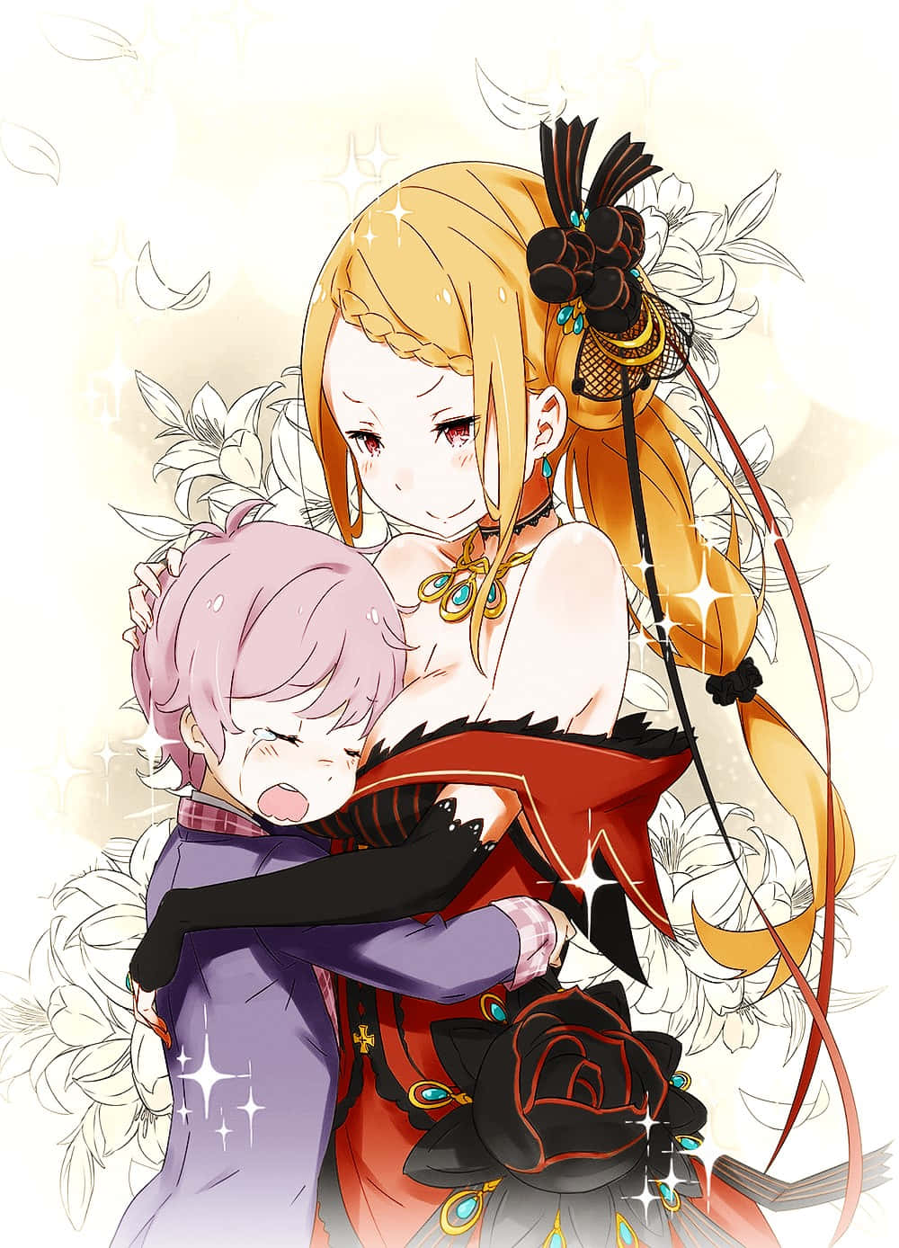 Priscilla Barielle 桌布 壁紙 — 一個溫柔的動漫擁抱，金髮女子穿著紅黑服裝，粉紅頭髮男孩穿著紫色，周圍有發光的花朵和閃爍的光芒。