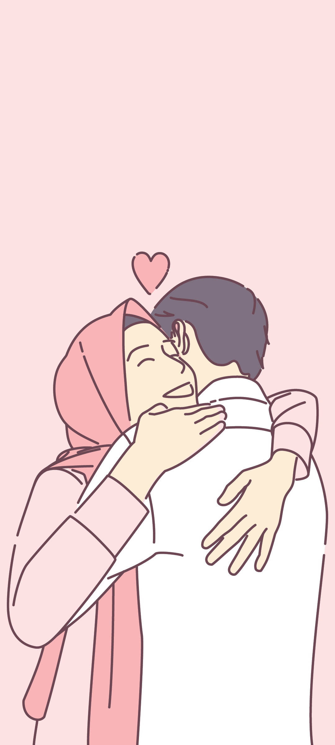hijab cartoon 桌布 壁紙 — 一個溫柔的插圖擁抱，兩個人之間有一個漂浮的心在他們頭上，背景是柔和的粉紅色。