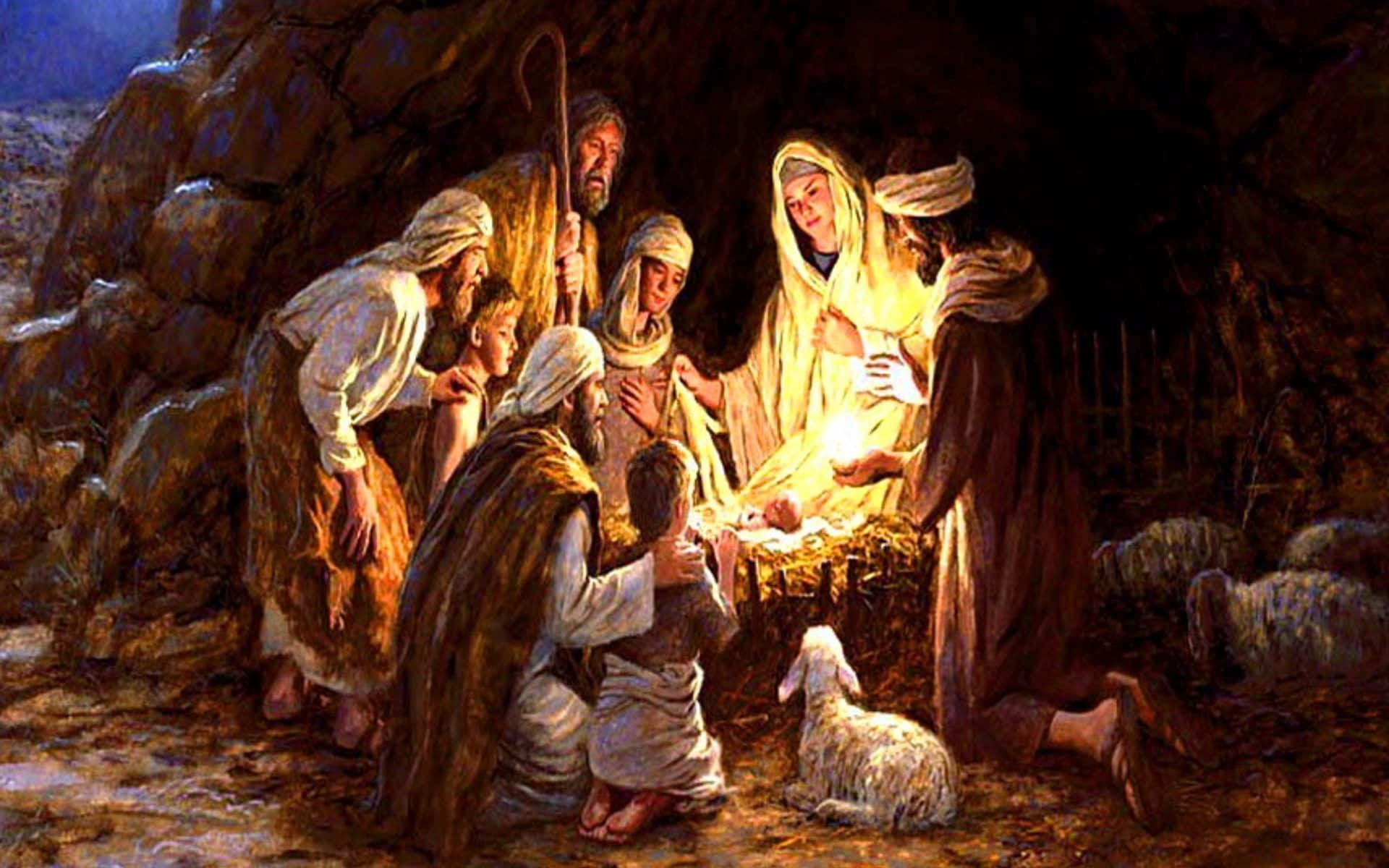 Nativity 桌布 壁紙 — 一個溫柔的聖經場景描繪馬利亞在馬槽中抱著嬰孩耶穌，約瑟和牧羊人在溫暖的金色光芒下敬畏地聚集。