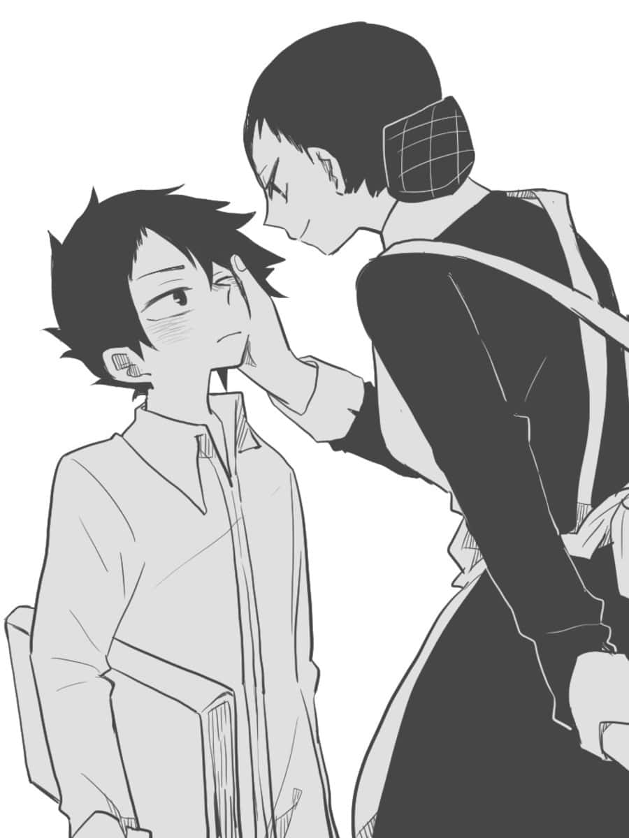 The Promised Neverland Isabella 桌布 壁紙 — 一個溫柔的黑白動漫場景，其中一個角色在安靜的時刻輕輕觸摸另一個角色的臉頰。