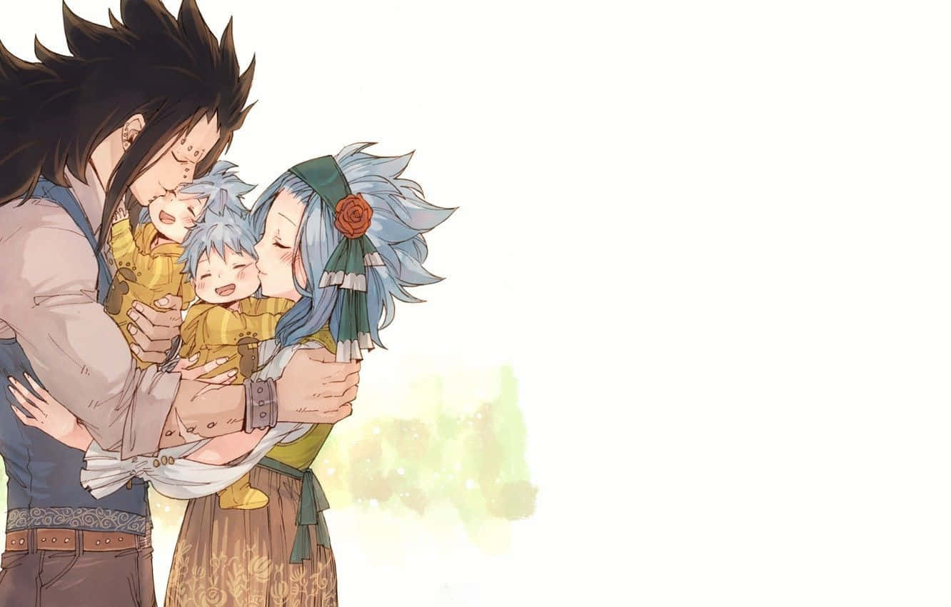 Gajeel Redfox 桌布 壁紙 — 一個溫馨的動畫家庭時刻，男人和女人在柔和發光的背景下擁抱兩個快樂的孩子。