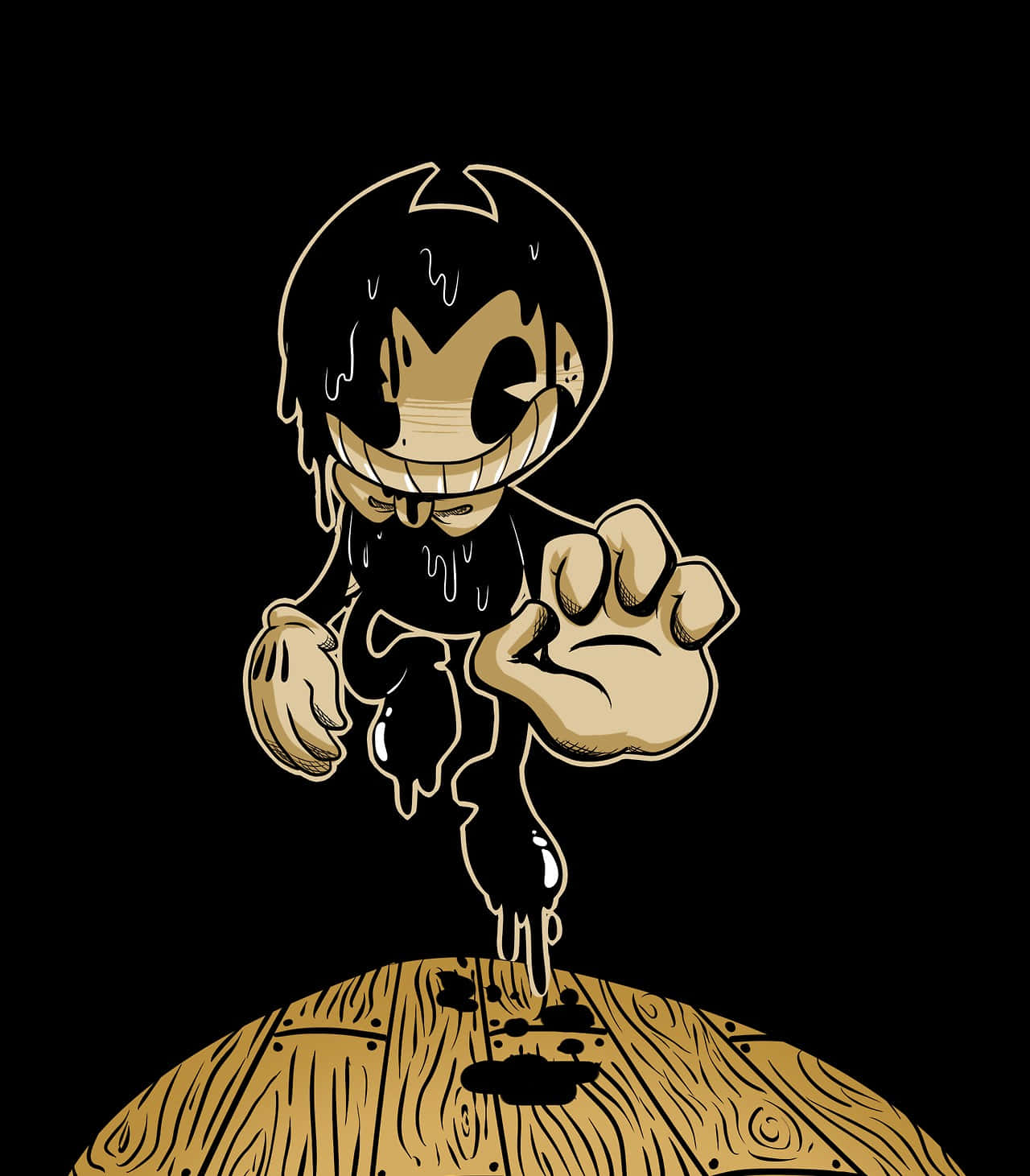 Bendy 桌布 壁紙 — 一個滴落的卡通角色，咧嘴大笑，只有一隻眼睛，站在黑色背景前的木質表面上。