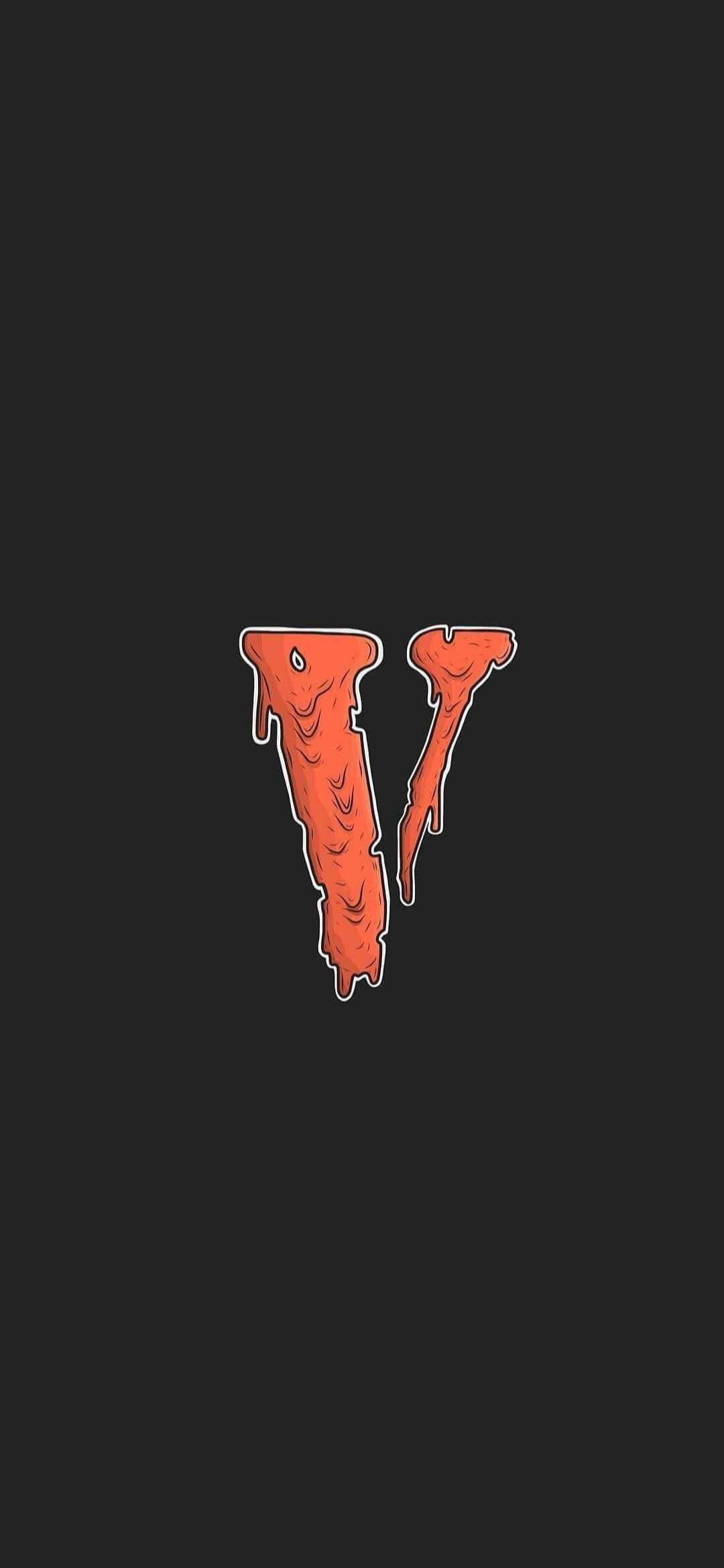 Vlone 桌布 壁紙 — 一個滴落的橙色字母V，帶有紋理邊緣，在純黑色背景上脫穎而出。