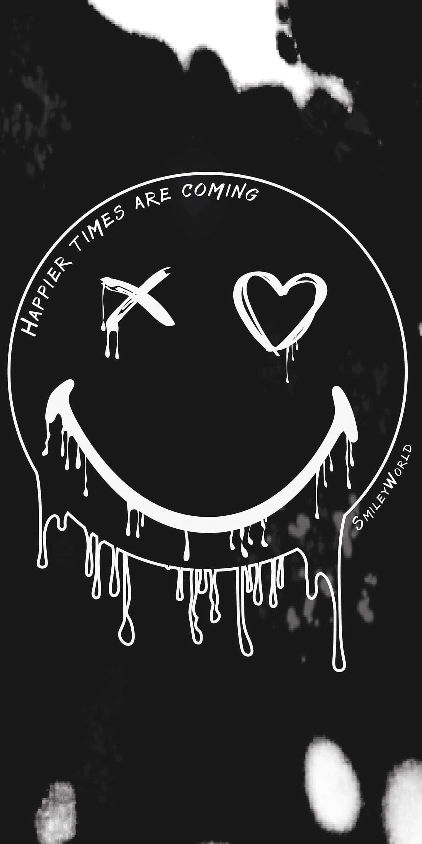Aesthetic Smiley Face 桌布 壁紙 — 一個滴落的白色笑臉，帶有X和心形眼睛，位於黑色紋理背景上，並帶有文字'happier times are coming'。