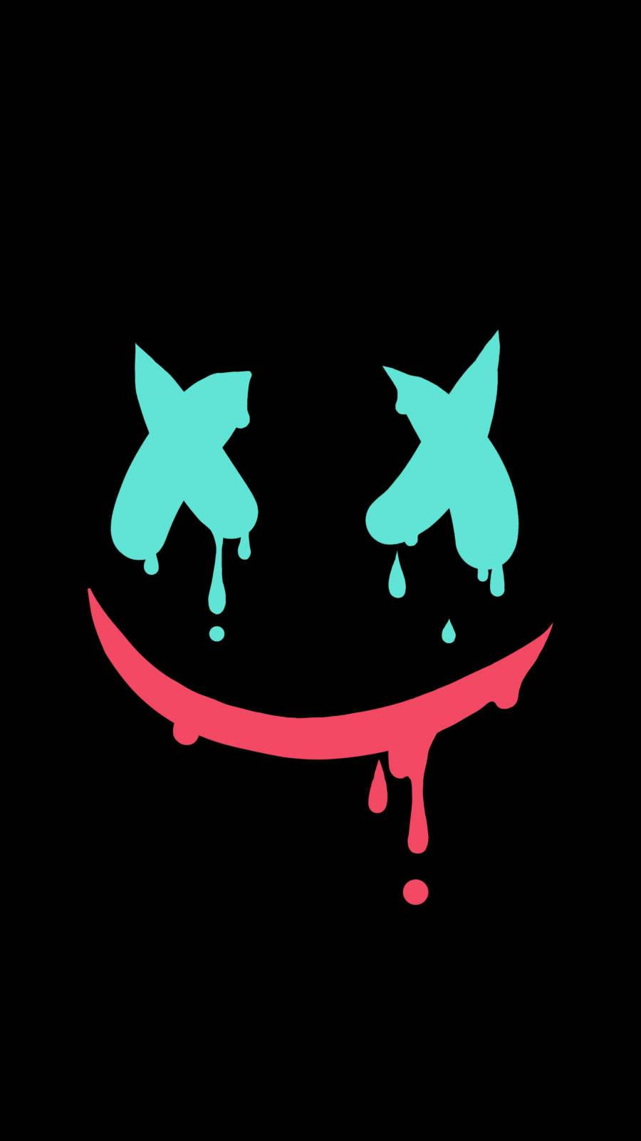 marshmello iPhone 桌布 壁紙 — 一個滴落的青色X眼和粉紅色嘴巴的笑臉在純黑色背景上發光。