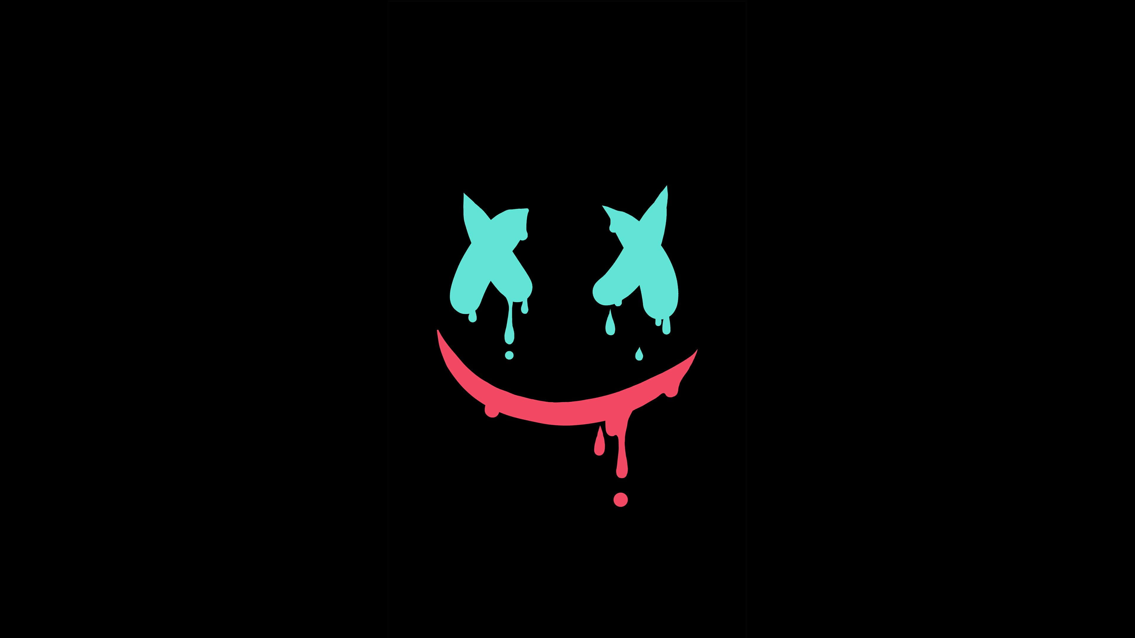 Marshmello 桌布 壁紙 — 一個滴落的青色X眼微笑，帶有紅色咧嘴，襯以黑色背景。