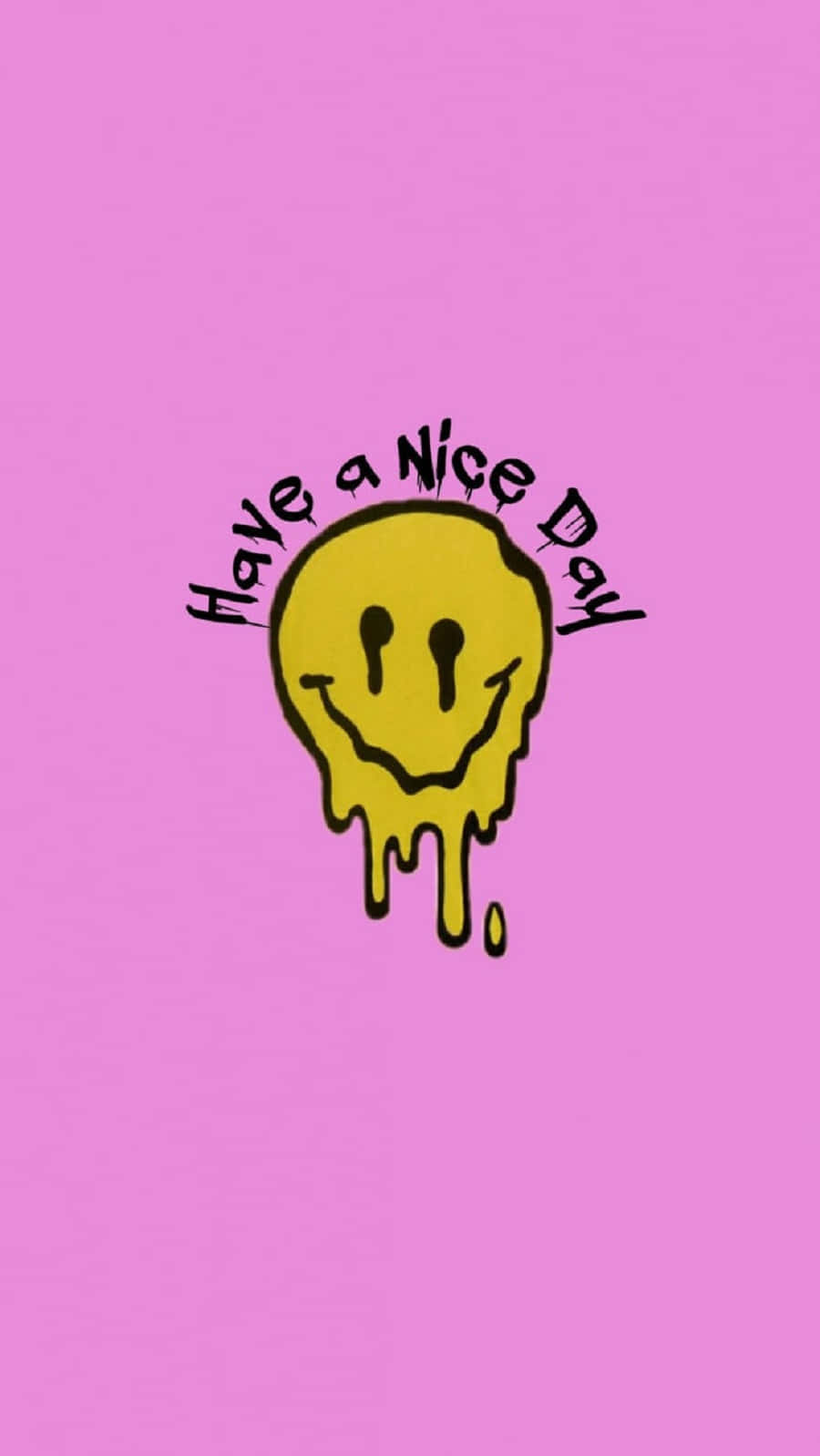 學院風微笑臉 桌布 壁紙 — 一個滴落的黃色笑臉，上面有「Have a Nice Day」文字，背景為純粉紅色。