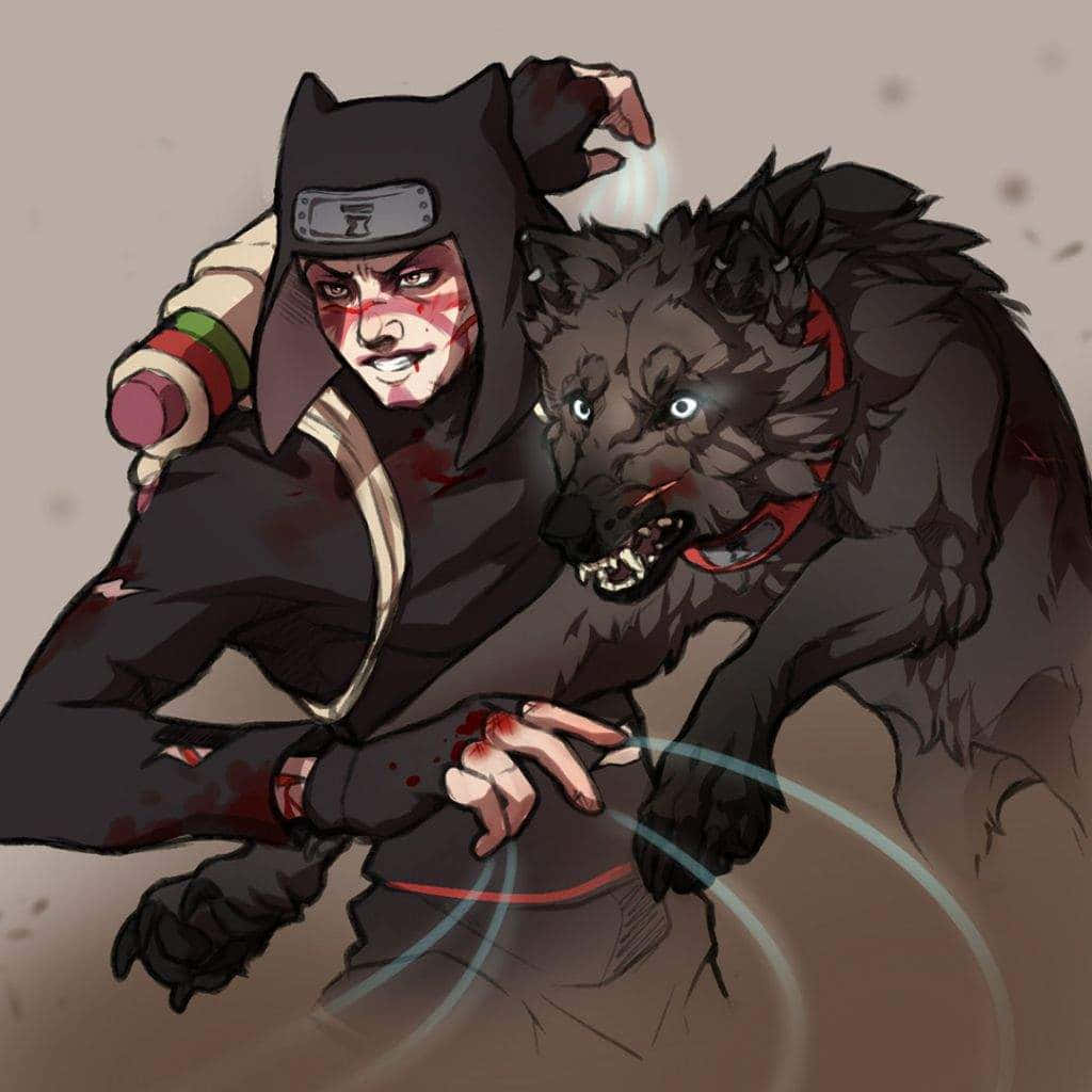 Kankuro 桌布 壁紙 — 一個滿臉鮮血、披著斗篷的忍者，與一隻眼睛發光、咆哮的黑狼在 gritty 動漫風格中戰鬥。