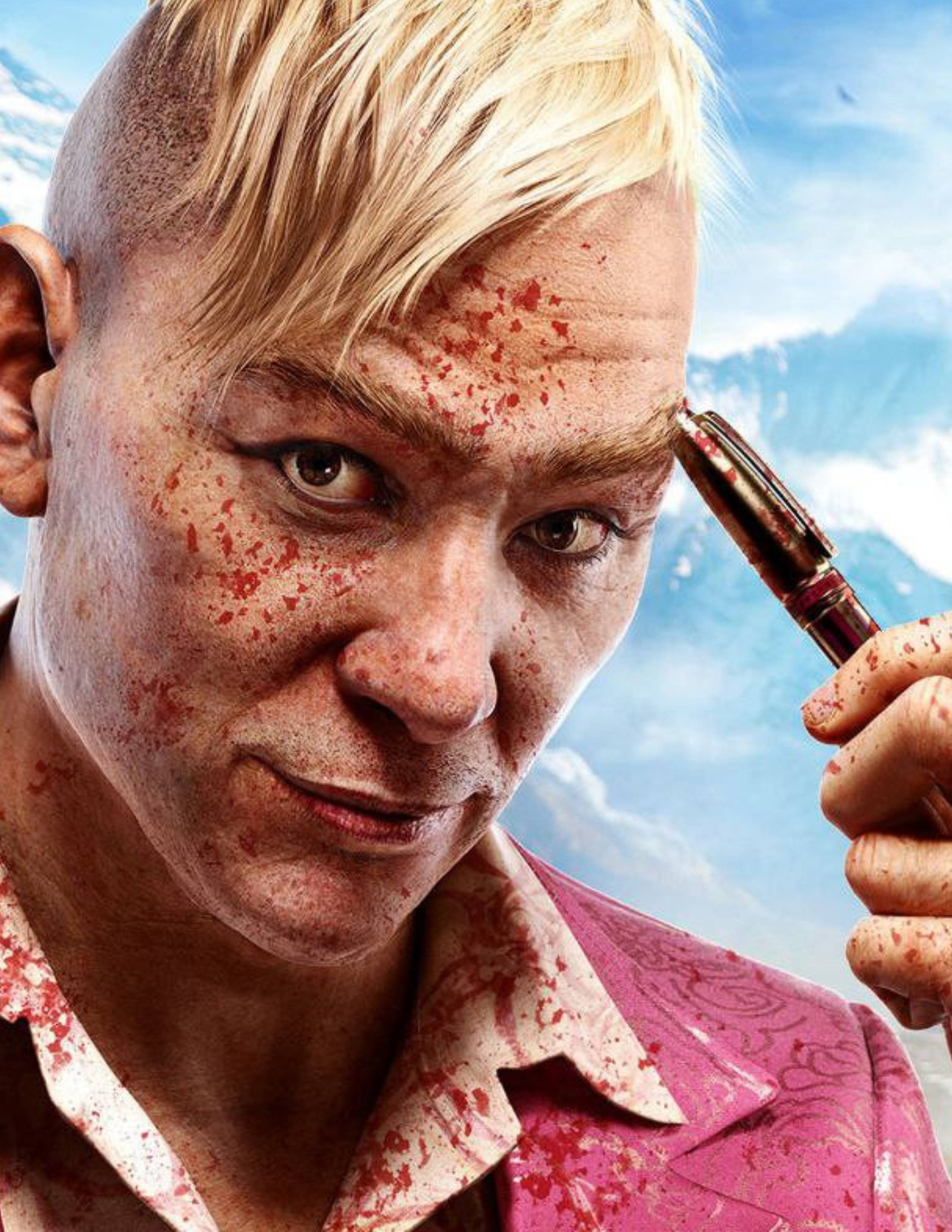 far cry iPhone 桌布 壁紙 — 一個滿臉鮮血、身穿粉紅色襯衫的男人，在雪山背景下將筆抵在太陽穴上。