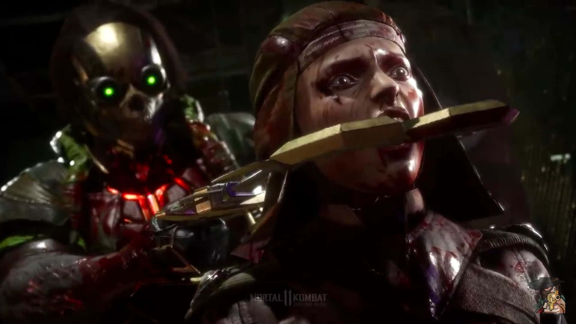 Mortal Kombat Kabal 桌布 壁紙 — 一個滿身鮮血的戰士，嘴裡叼著刀刃，驚恐地凝視著身後一個發光眼睛的骷髏臉敵人在逼近。