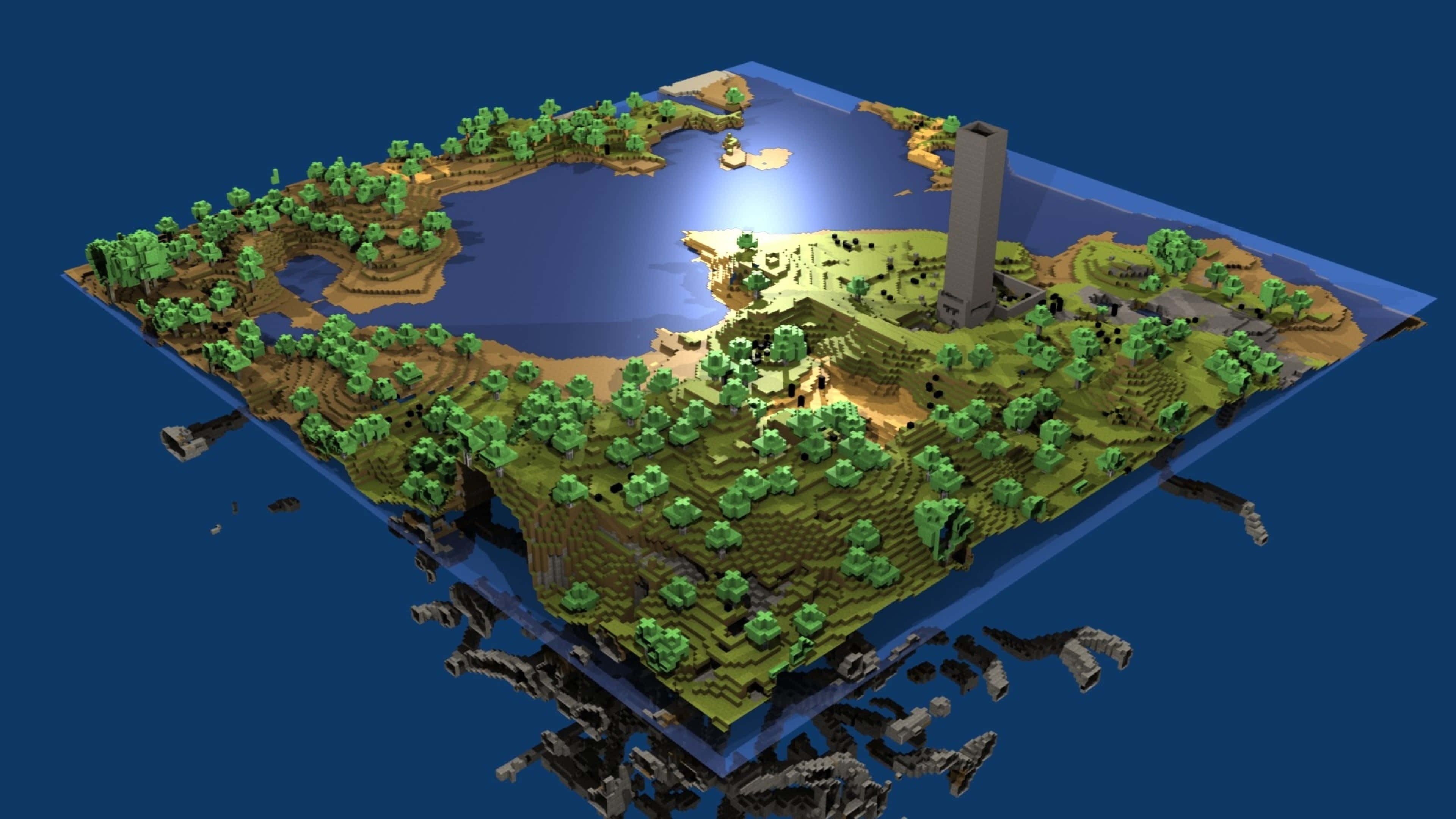 Minecraft Map 桌布 壁紙 — 一個漂浮的Minecraft島嶼，有茂密的綠色樹木、湖泊和一座高塔，被聚光燈照亮，背景是深藍色的虛空。