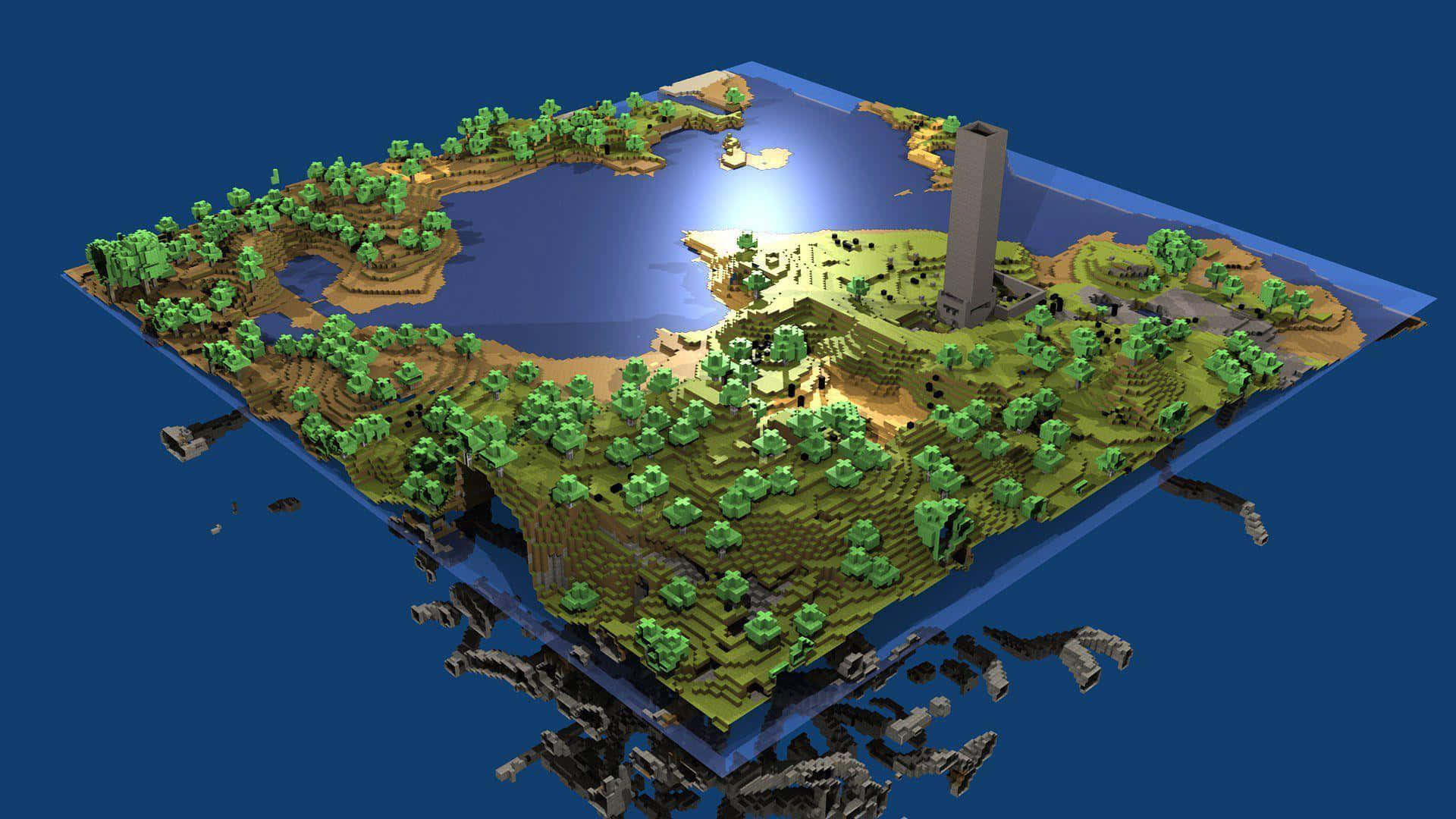 最佳 Minecraft 桌布 壁紙 — 一個漂浮的Minecraft島嶼，有綠色樹木、湖泊和一座高塔，在深藍色背景下被明亮的光線照亮。