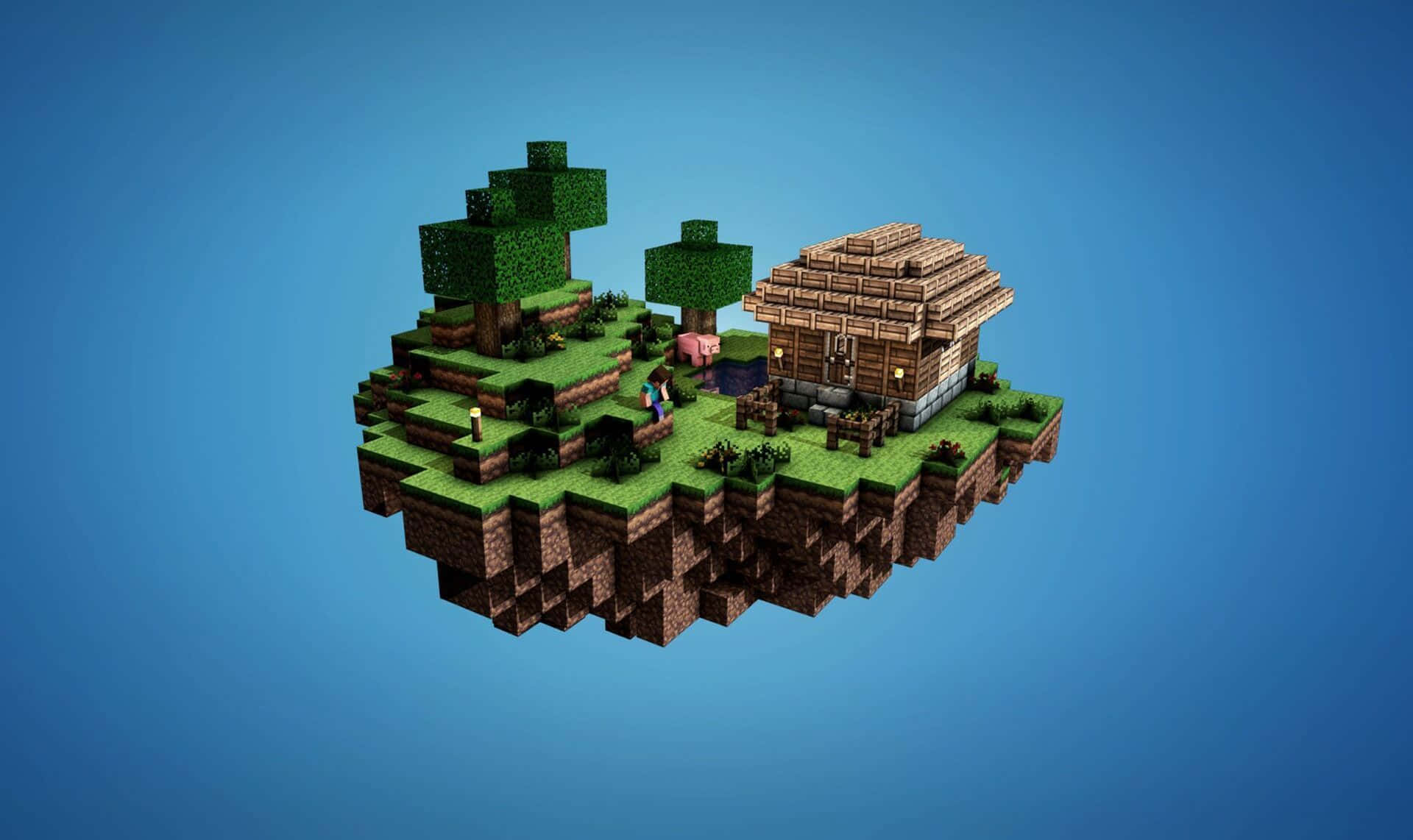 Minecraft Fan Art 桌布 壁紙 — 一個漂浮的Minecraft島嶼，上面有木屋、樹木和一隻豬，背景為純藍色。