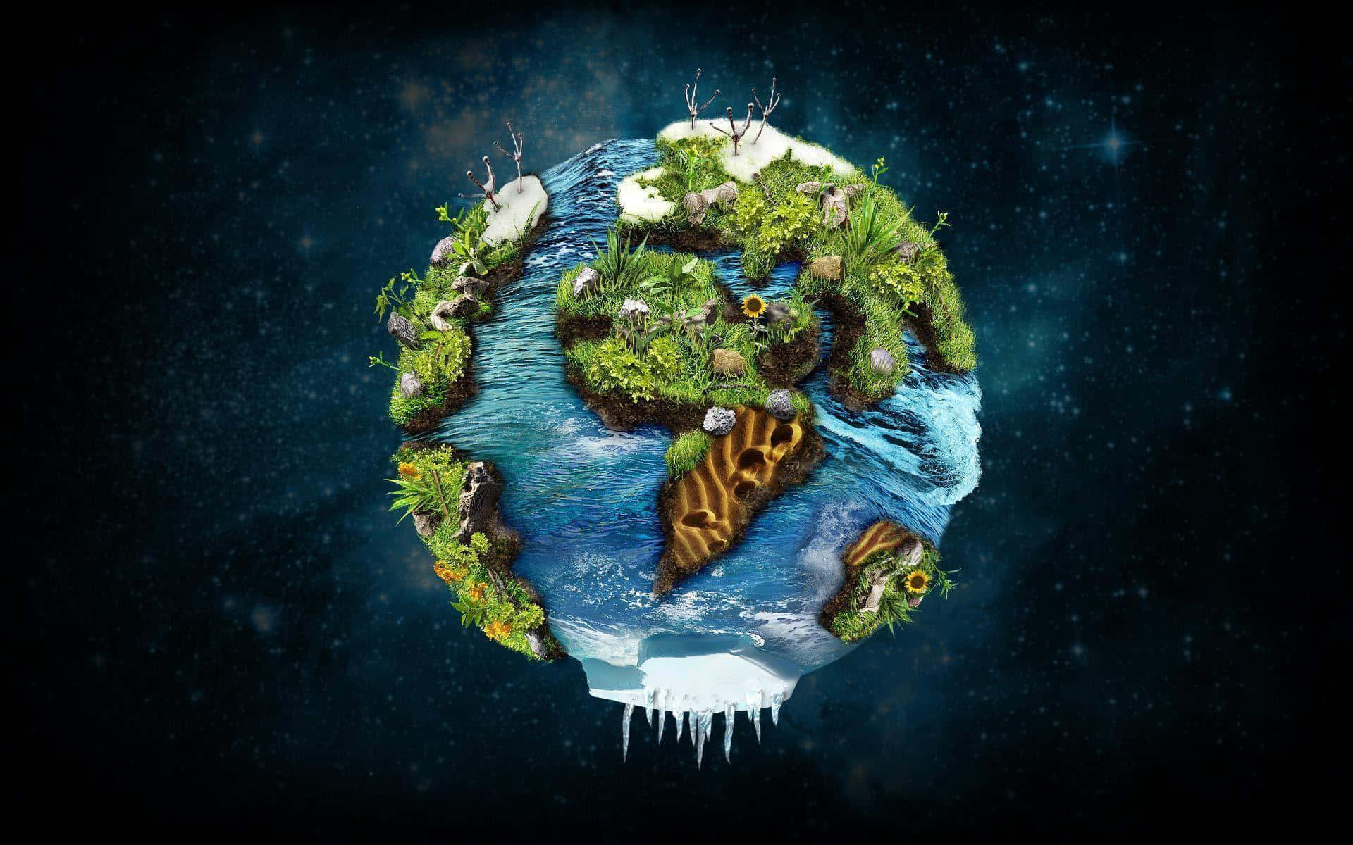World 桌布 壁紙 — 一個漂浮的地球儀，擁有茂密的綠色大陸和冰封的極地，懸浮在繁星點點的宇宙虛空中。