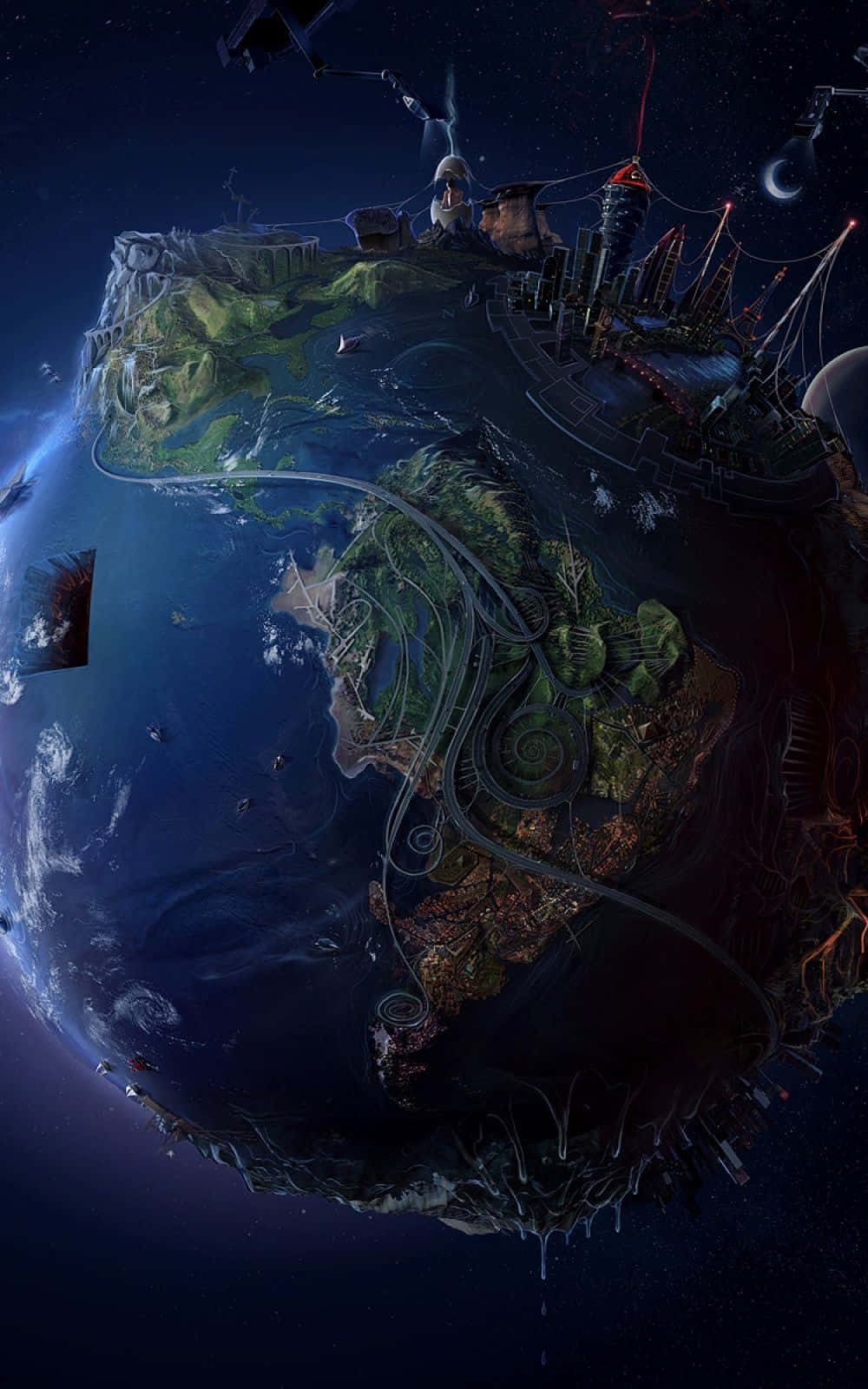 3d Earth 桌布 壁紙 — 一個漂浮的島嶼星球，擁有茂密的綠色地形和未來主義的城市結構，在繁星點點的夜空下。