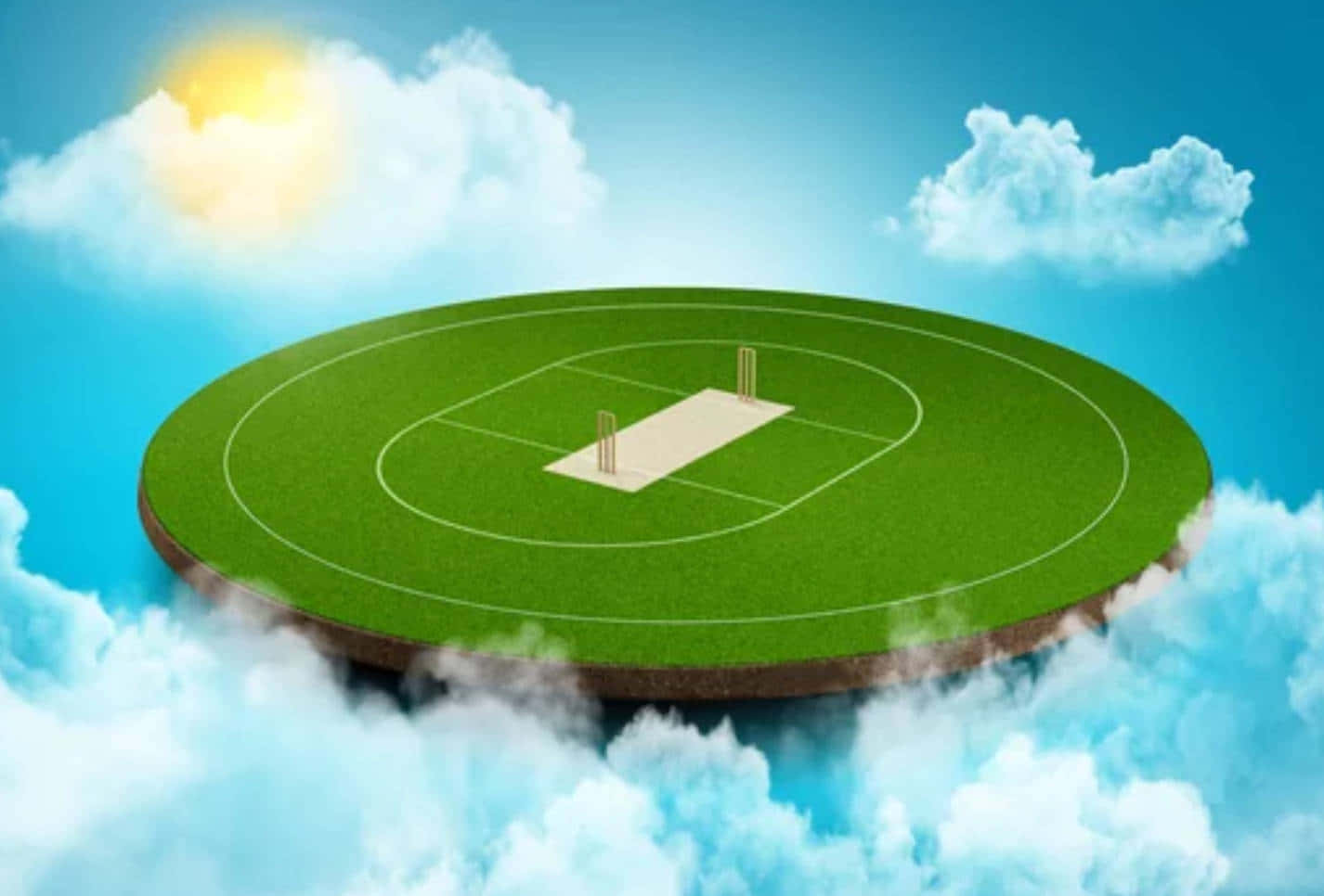 Cricket Ground 桌布 壁紙 — 一個漂浮的板球場，擁有茂密的綠色草地和白色標記，在明亮的陽光下懸浮在蓬鬆的雲層之上。