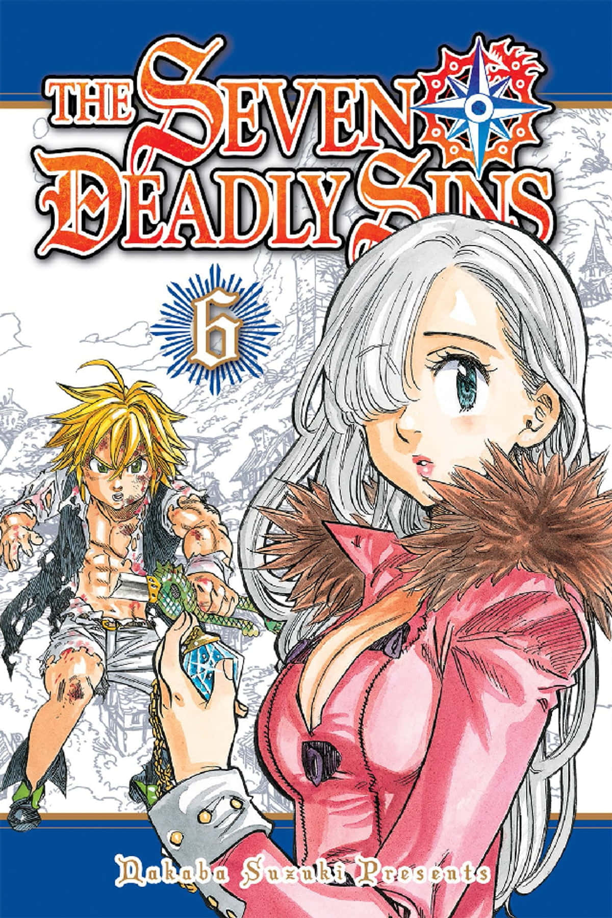 The Seven Deadly Sins 桌布 壁紙 — 一個漫畫封面，上面有一位銀髮女子穿著粉紅色外套，手持發光的寶石，而一位金髮男子拿著劍站在她身後。