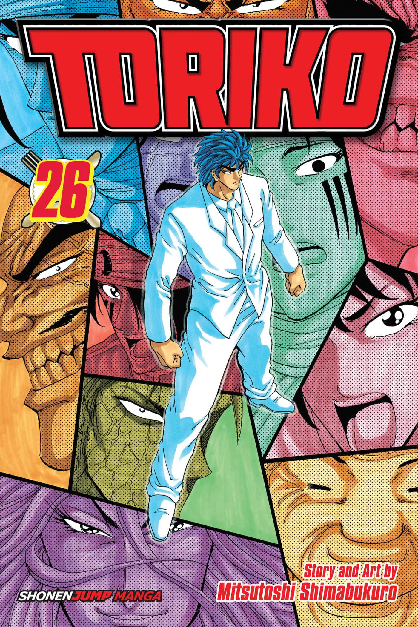 Toriko 桌布 壁紙 — 一個漫畫封面，藍髮男子身穿白色西裝，自信地行走在由強烈角色面孔組成的拼貼畫中。