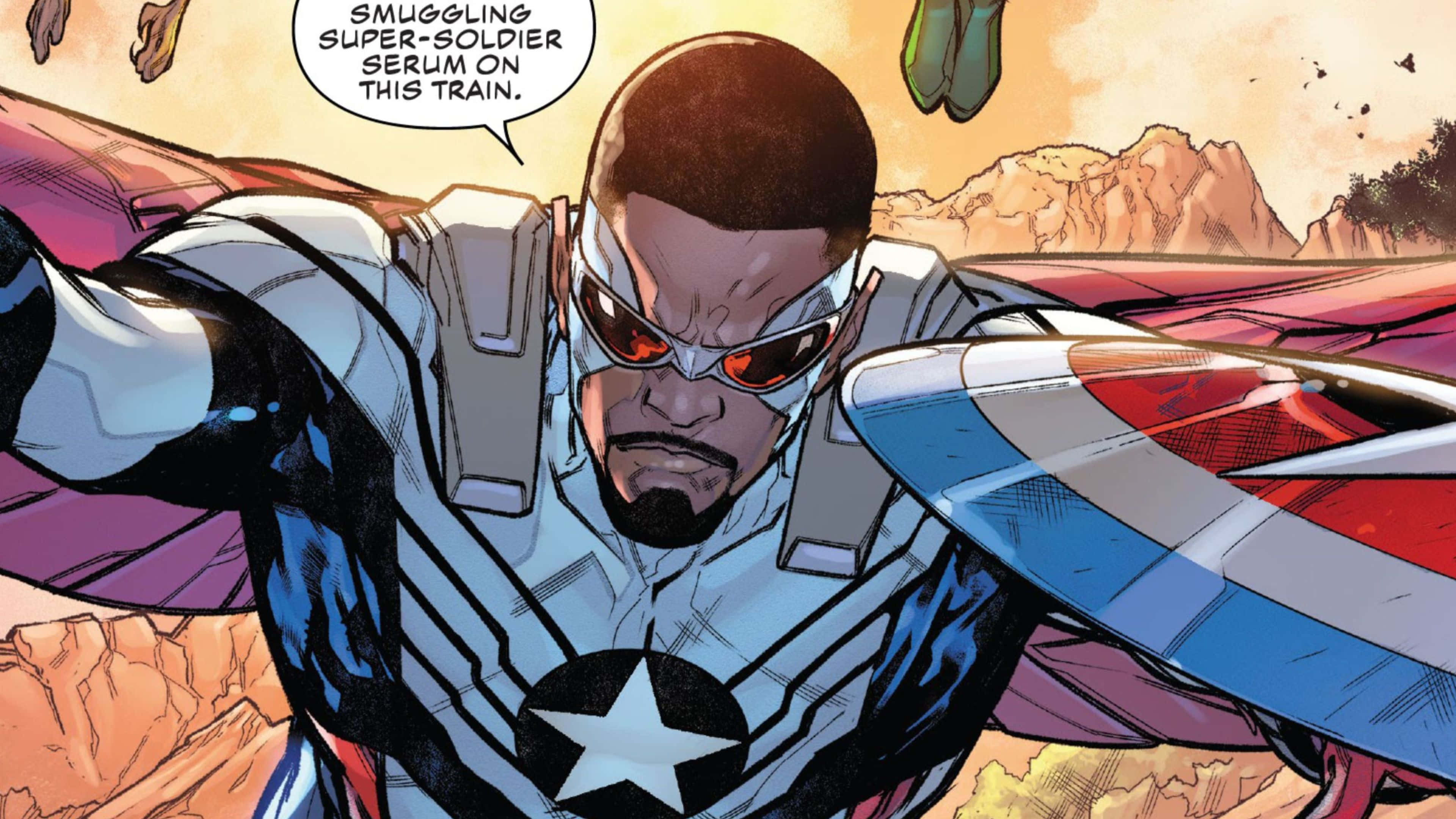 4K Captain America 桌布 壁紙 — 一個漫畫書超級英雄，身穿飾有星星的套裝，紅色鏡片和披風，在岩石沙漠背景下動態站立。