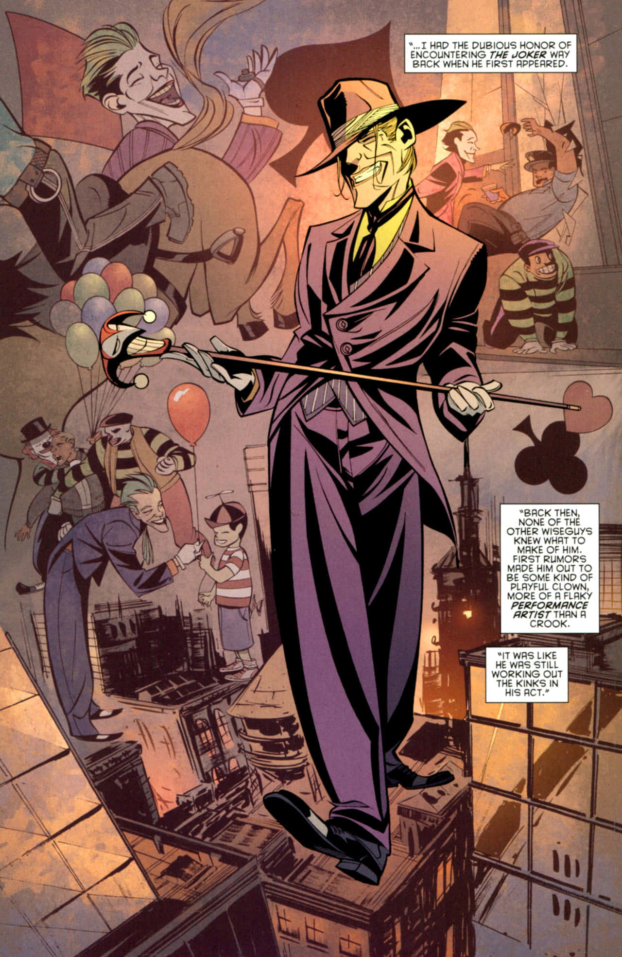 Batman Streets Of Gotham 桌布 壁紙 — 一個漫畫書面板顯示一個高大的男人穿著紫色西裝和軟呢帽站在屋頂上，拿著一個小丑氣球，周圍是城市景觀中的其他角色。