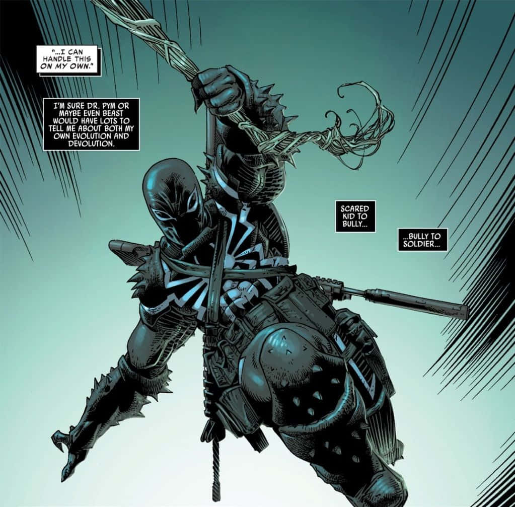 Flash Thompson 桌布 壁紙 — 一個漫畫書面板顯示一個黑暗裝甲人物揮舞著帶刺武器和步槍，背景是青綠色並帶有動作線條。