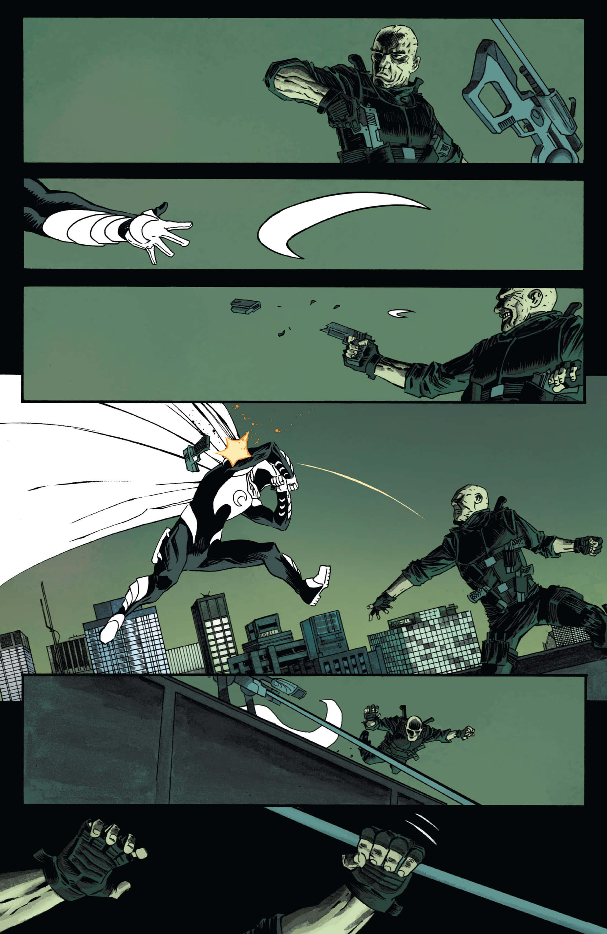 Moon Knight 桌布 壁紙 — 一個漫畫書面板顯示一個黑白服裝的英雄在城市景觀中跳躍於屋頂之間以躲避武裝敵人的槍火。
