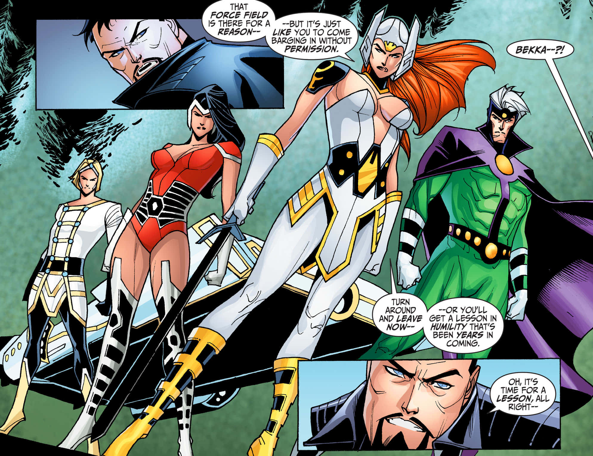 Justice League Gods And Monsters 桌布 壁紙 — 一個漫畫書面板顯示一組超級英雄以動態姿勢呈現，並帶有對話氣泡傳達緊張的對峙。