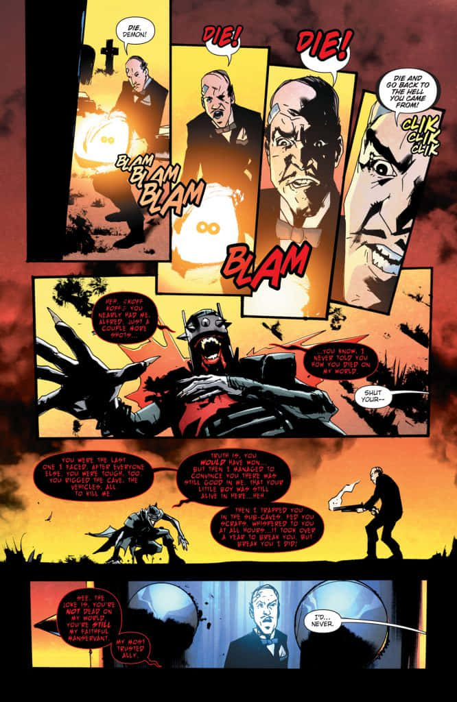 Alfred Pennyworth 桌布 壁紙 — 一個漫畫書面板顯示蝙蝠俠在火熱的橙色背景下與一個惡棍對峙，伴有槍火和戲劇性的特寫鏡頭。