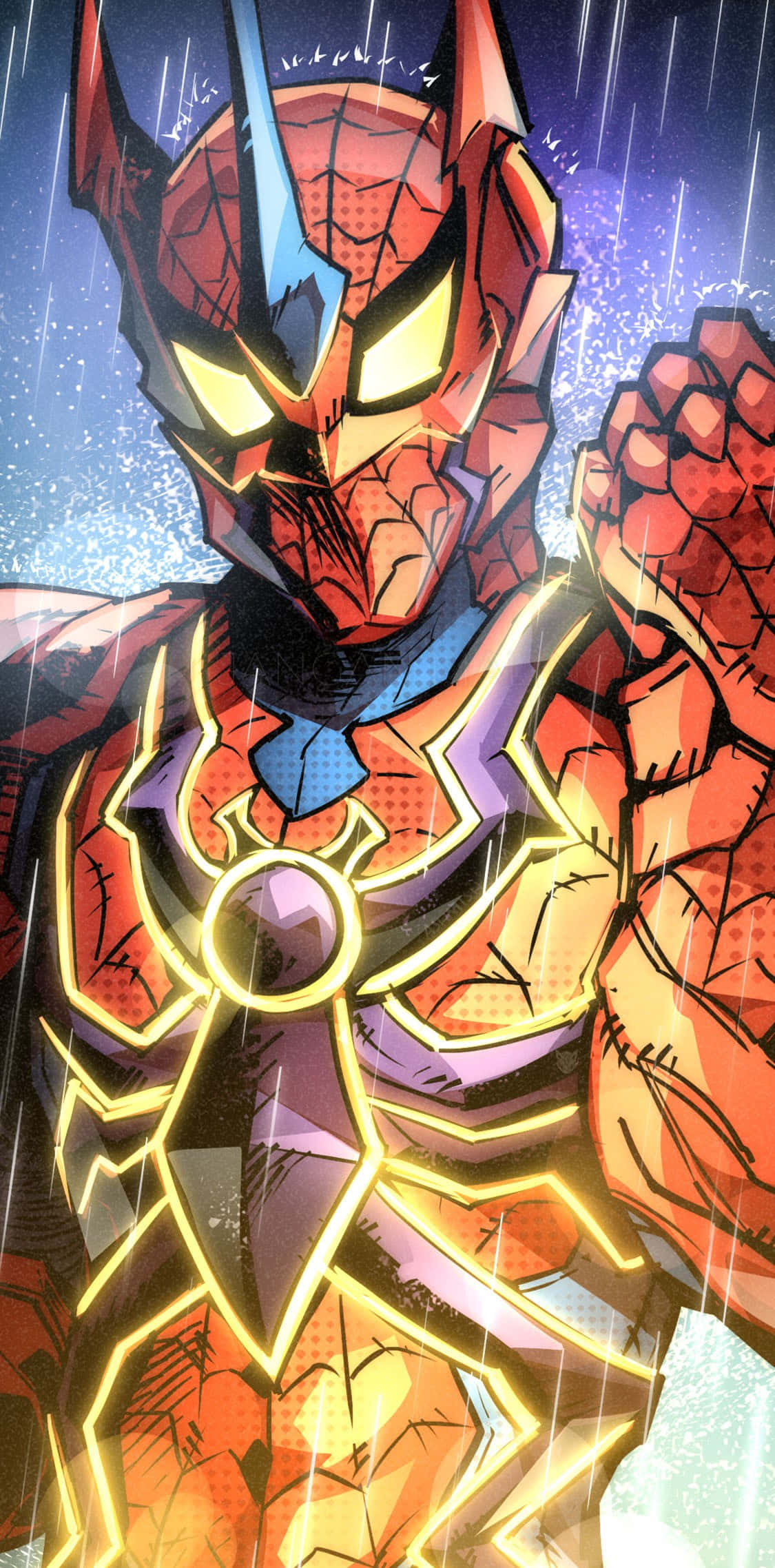 Arachnid 桌布 壁紙 — 一個漫畫書風格的超級英雄，擁有發光的黃色眼睛和裝甲服，在雨夜的場景中挑釁地站立。
