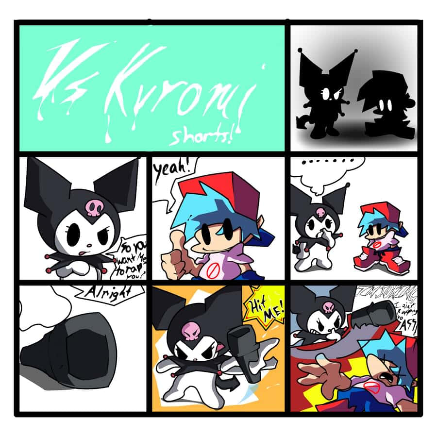 Kuromi Fanart 桌布 壁紙 — 一個漫畫格， featuring 動漫角色 Kyuromi 和 Boyfriend 在一個風格化的打鬥場景中，帶有對話氣泡和動態姿勢。