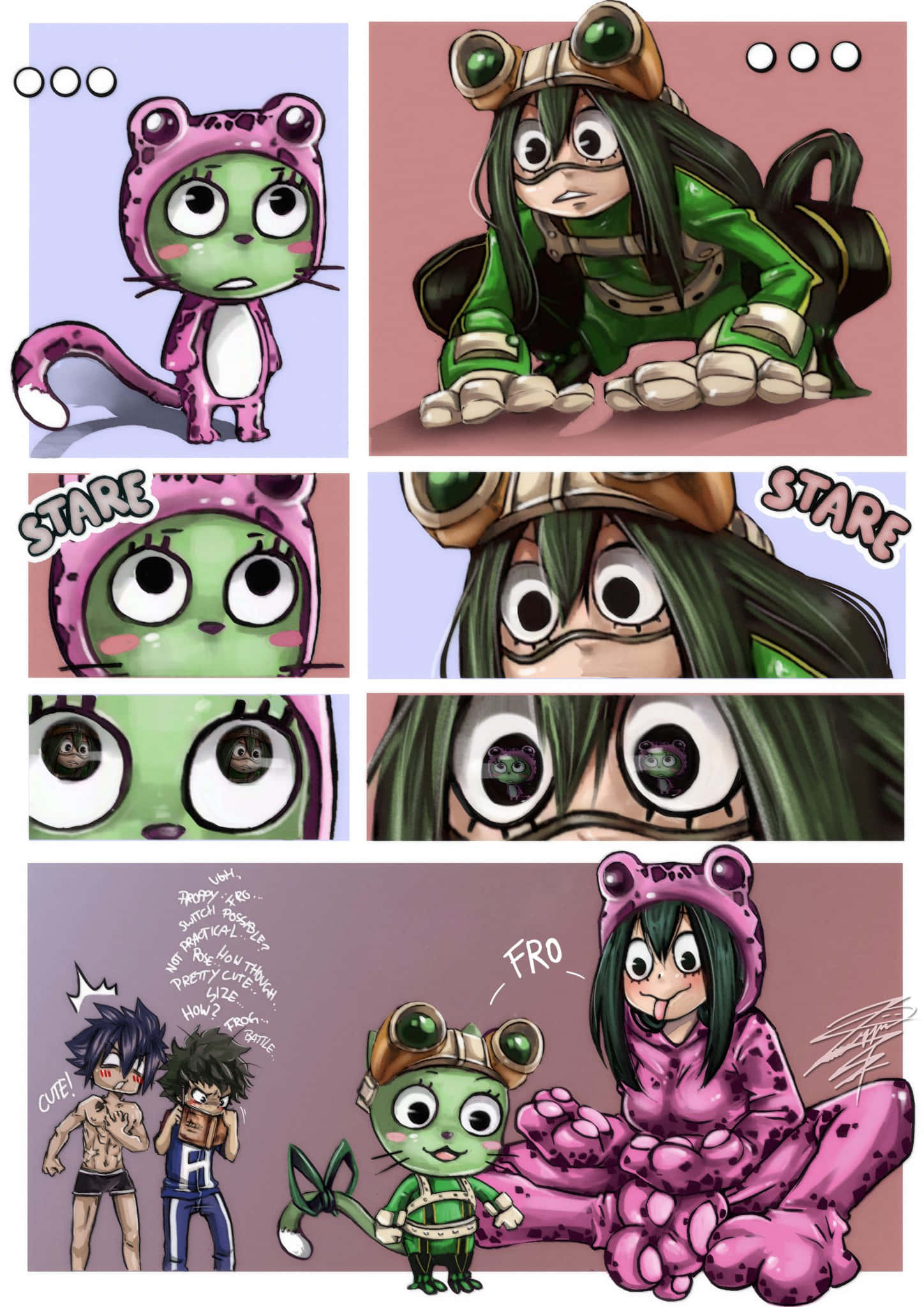 Frosch 桌布 壁紙 — 一個漫畫格，裡面有一隻穿著粉紅色連帽衫的綠色貓咪角色和一個穿著綠色衣服的綠髮女孩，互相凝視著對方。