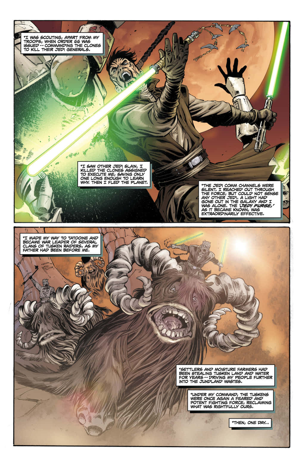 The Order 66 桌布 壁紙 — 一個漫畫格展示了一名絕地武士在沙漠戰鬥中揮舞綠色光劍對抗一個兇猛的塔斯肯襲擊者。