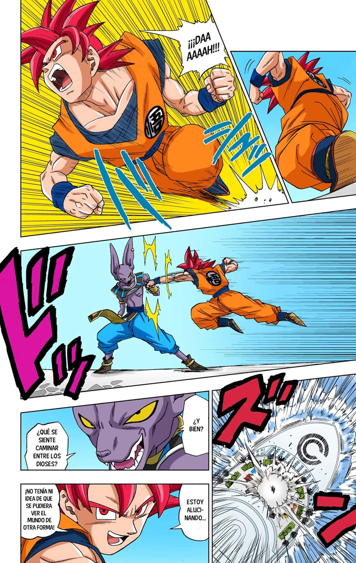 Dragon Ball Super Manga 桌布 壁紙 — 一個漫畫格顯示一位橙衣紅髮戰士，正與一個紫色的兔形敵人戰鬥，伴隨著能量爆炸和戲劇性的音效。