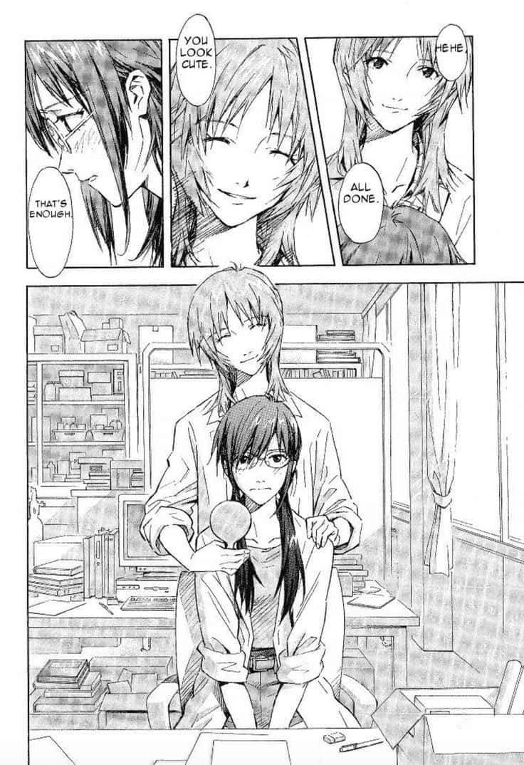 Yui Ikari 桌布 壁紙 — 一個漫畫格顯示一個女孩在雜亂的房間裏被另一個女孩做頭髮，並有對話氣泡。
