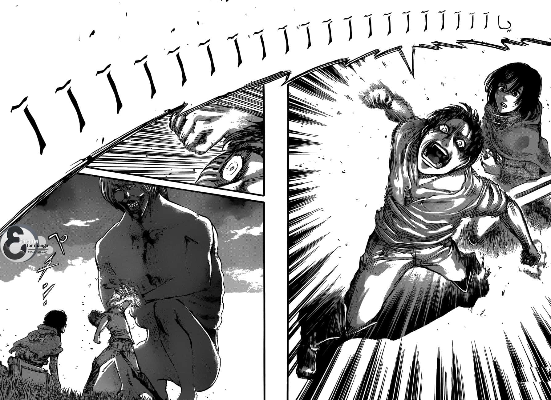 Manga Series 桌布 壁紙 — 一個漫畫格顯示一個巨大的巨人籠罩著一個驚恐的孩子，而一名士兵在一個動態的動作場景中向前衝刺。