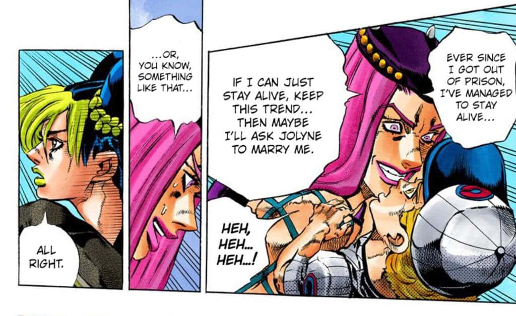 Narciso Anasui 桌布 壁紙 — 一個漫畫格顯示一個粉紅色頭髮的角色狂笑著拿著一個足球，另一個角色在旁觀看。