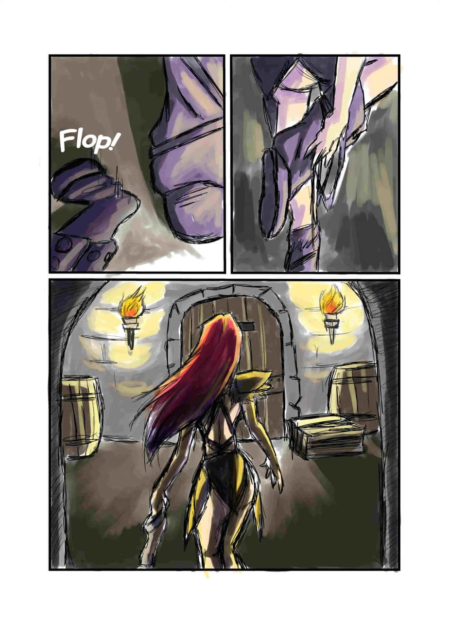 Aela The Huntress 桌布 壁紙 — 一個漫畫格顯示一個紅髮角色走過火炬照亮的 dungeon，同時一隻腳在附近啪嗒掉下。