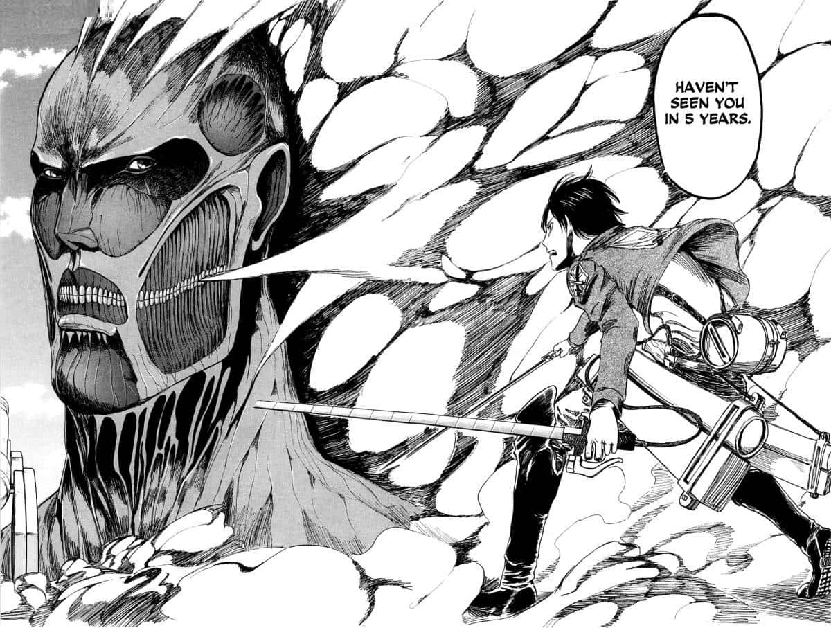 Manga Series 桌布 壁紙 — 一個漫畫格顯示一名裝備齊全的士兵面對一個巨大的人形巨人，對話框說「5年沒見了」。