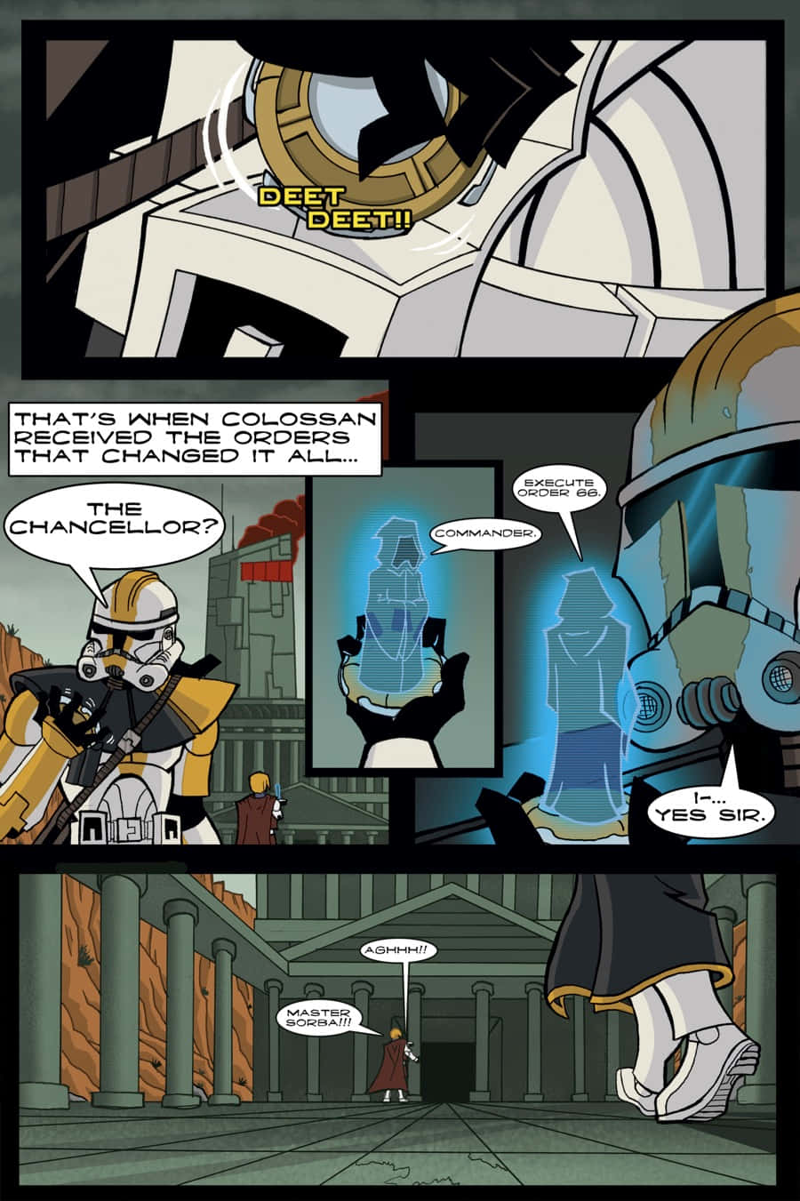 The Order 66 桌布 壁紙 — 一個漫畫格顯示一名複製人突擊兵接到執行66號命令的指令，同時顯示了議長的全息影像，一名絕地大師被對峙。