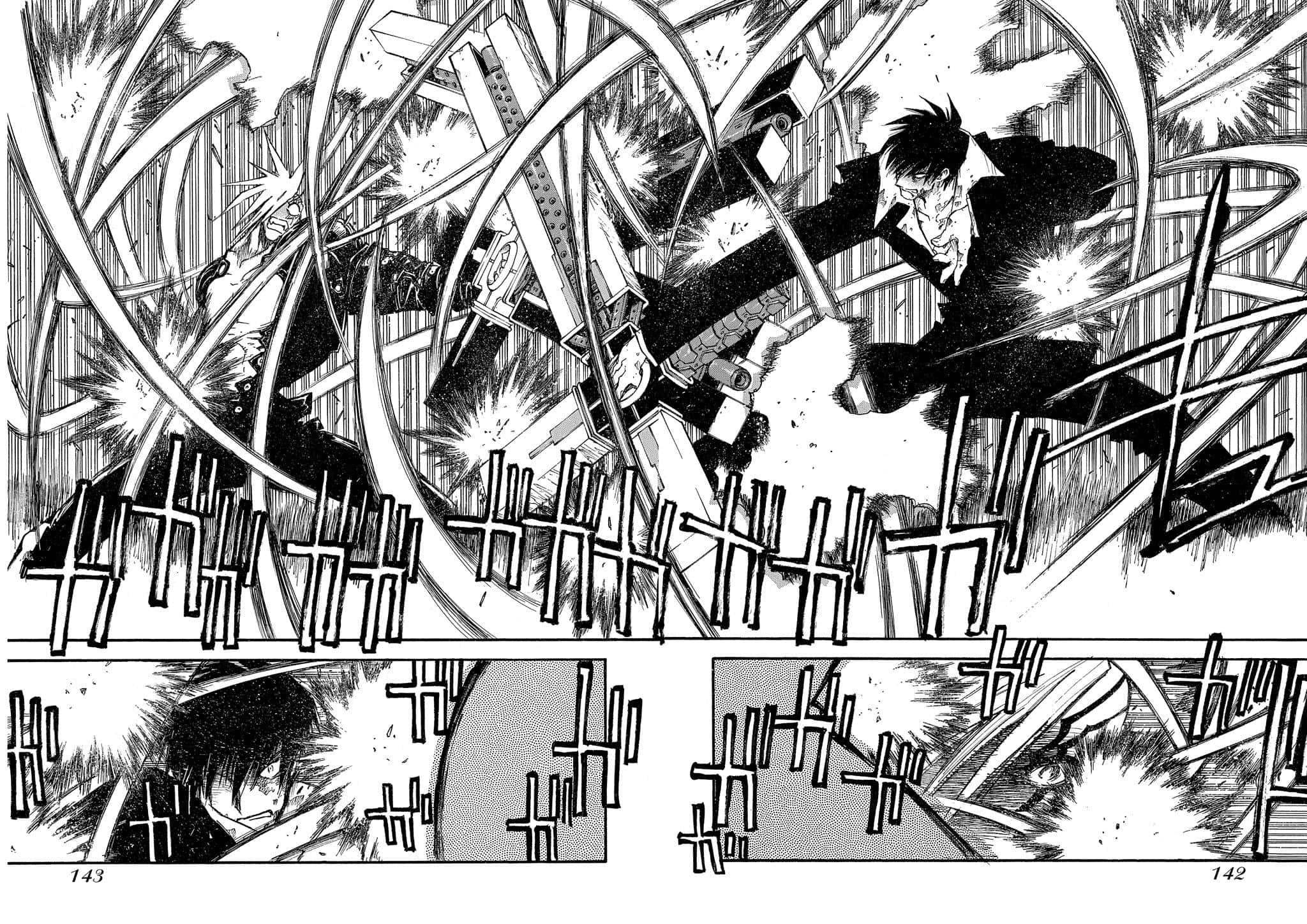 Rai-dei The Blade 桌布 壁紙 — 一個漫畫格顯示一名身穿黑色盔甲的戰士在爆炸性能量和動態動作線中揮劍戰鬥。
