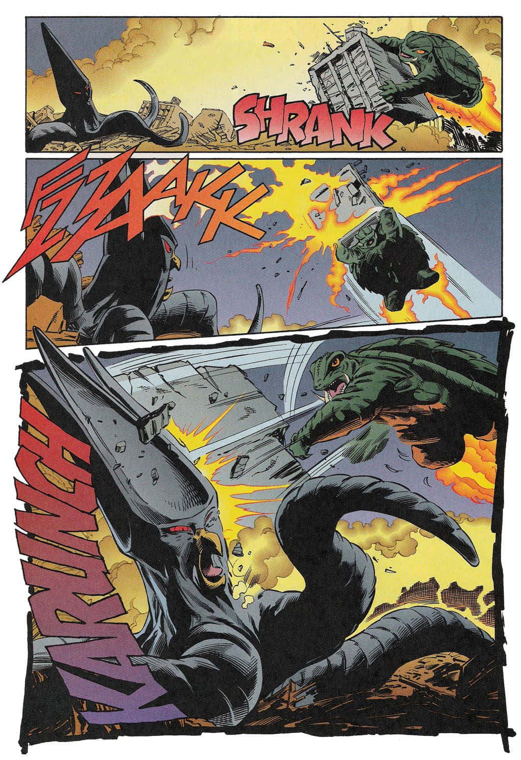 Gamera 桌布 壁紙 — 一個漫畫格顯示一隻巨大的黑色怪物正在壓碎建築物，並在熾熱的爆炸和音效中與一隻綠色爬蟲類生物戰鬥。