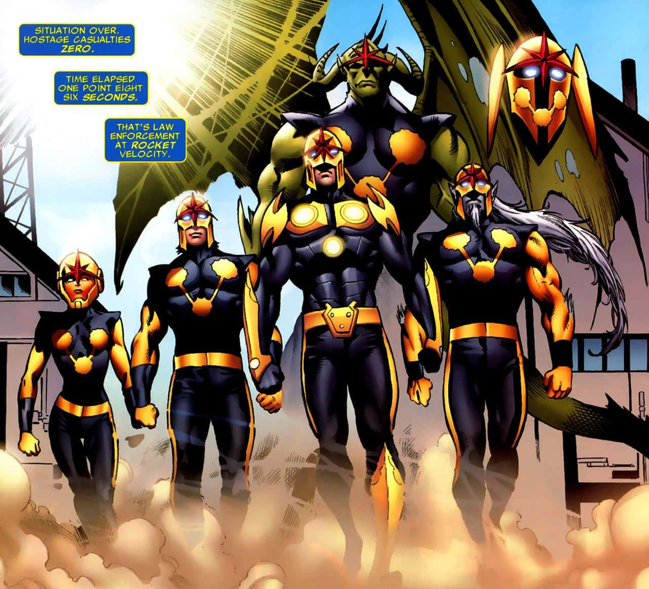 Nova Corps 桌布 壁紙 — 一個漫畫格顯示五位身穿裝甲、帶有發光黃色點綴的超級英雄，英勇地站在塵土飛揚的城市場景中。