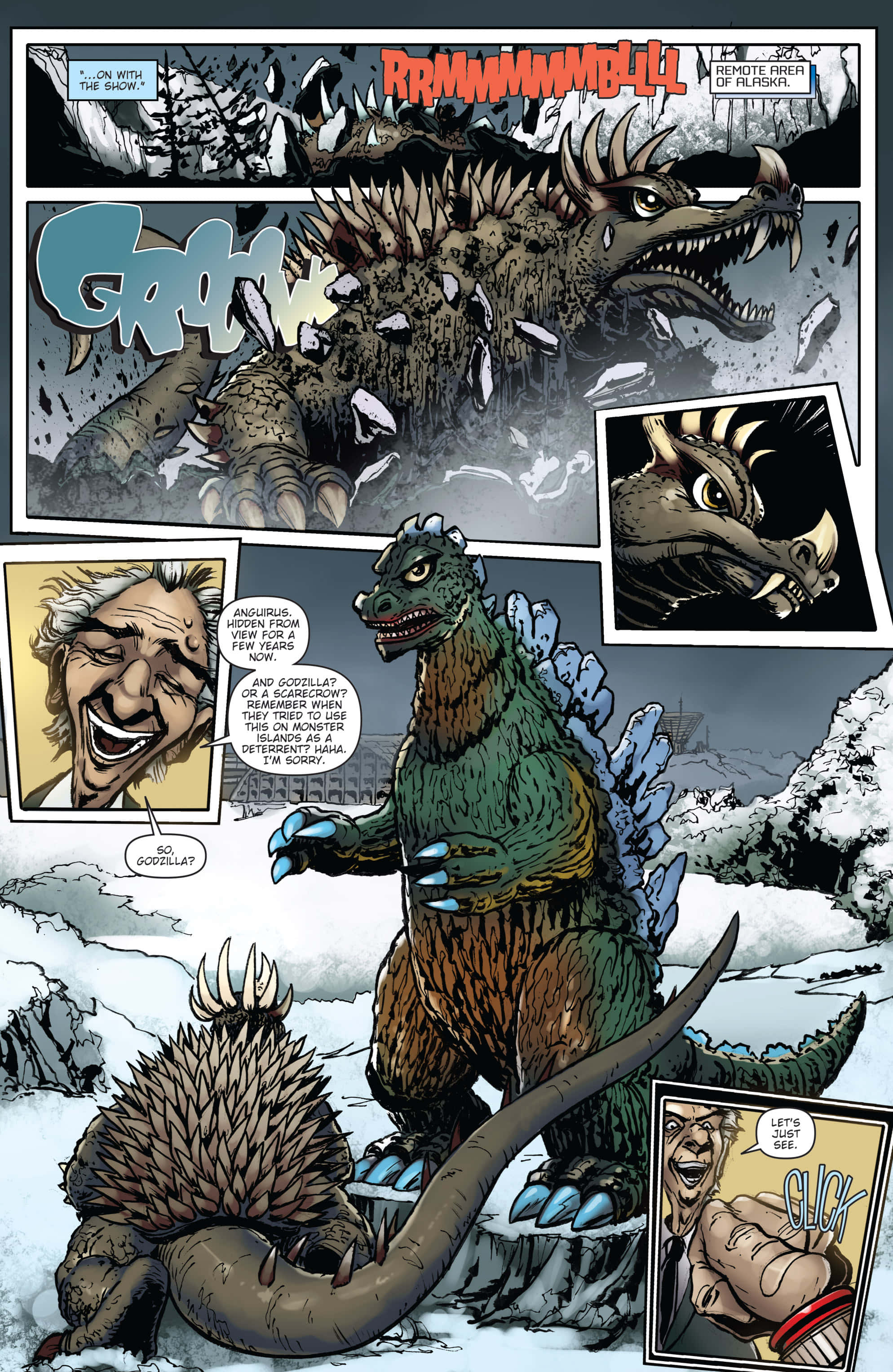 Godzilla Earth 桌布 壁紙 — 一個漫畫格顯示哥斯拉在雪地廢墟中咆哮，而一個男人在嘲笑下方較小的怪物。