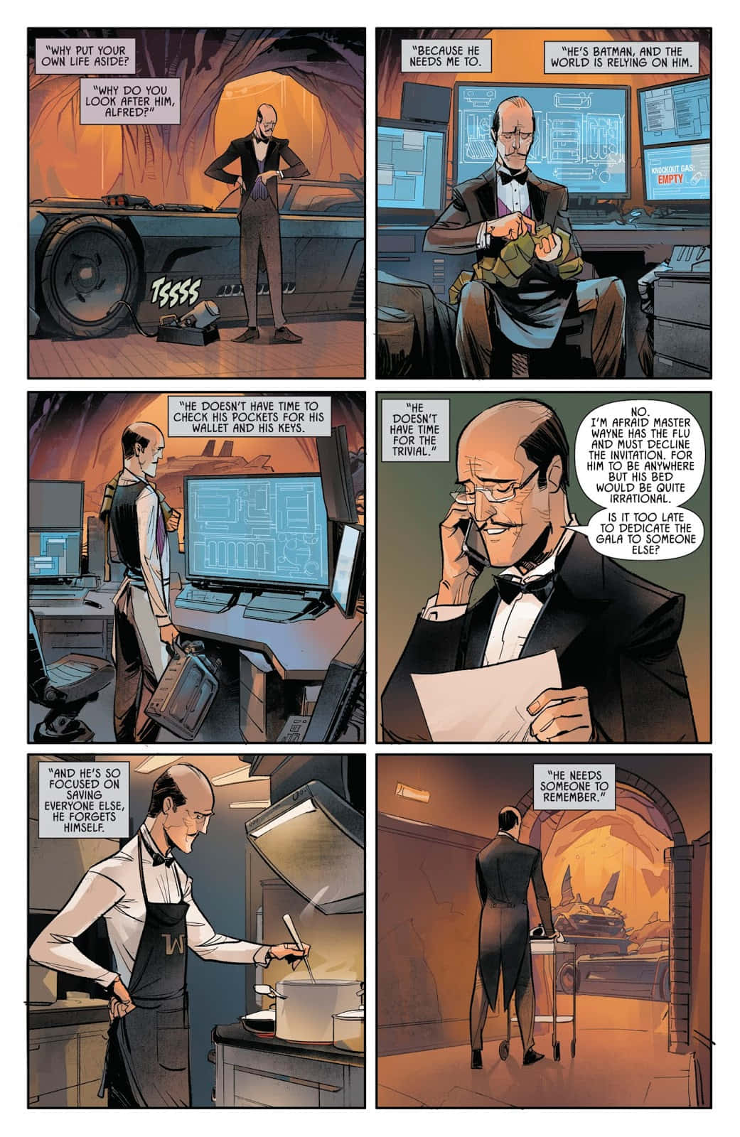 Alfred Pennyworth 桌布 壁紙 — 一個漫畫格顯示阿爾弗雷德·潘尼沃斯在一個燈光昏暗、充滿科技的房間裡，一邊做飯、一邊講電話，同時照顧蝙蝠俠。