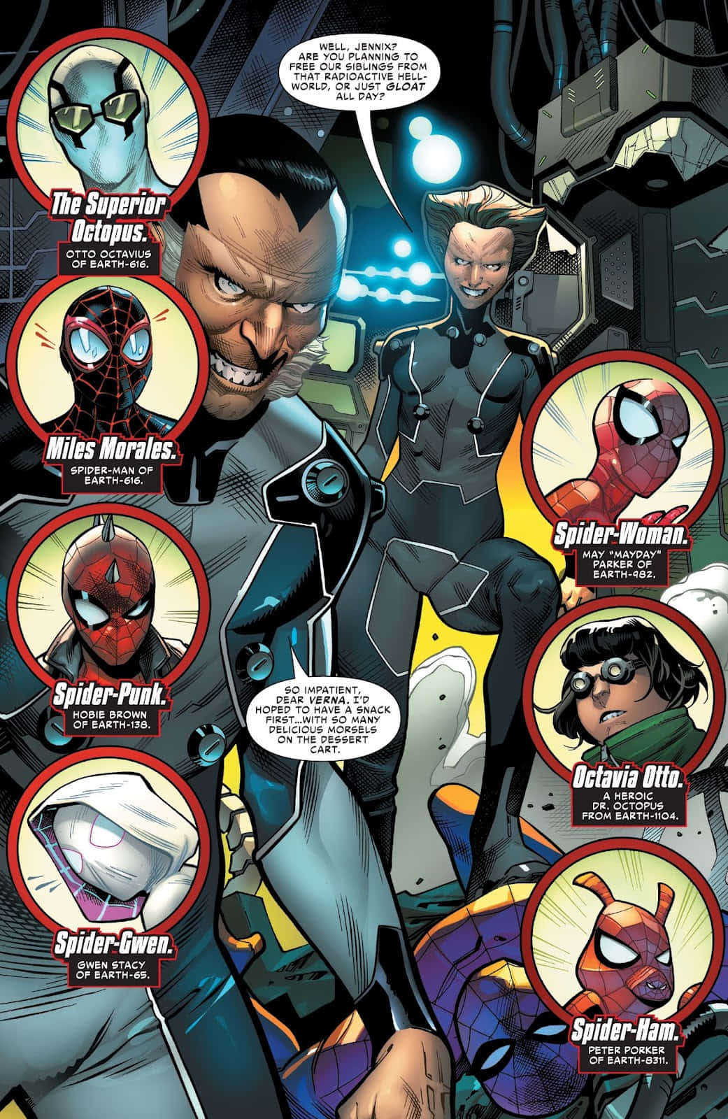 Spider-geddon 桌布 壁紙 — 一個漫畫面板，包含多位蜘蛛宇宙英雄，包括蜘蛛俠邁爾斯·莫拉萊斯和蜘蛛女俠，身處高科技反派巢穴。