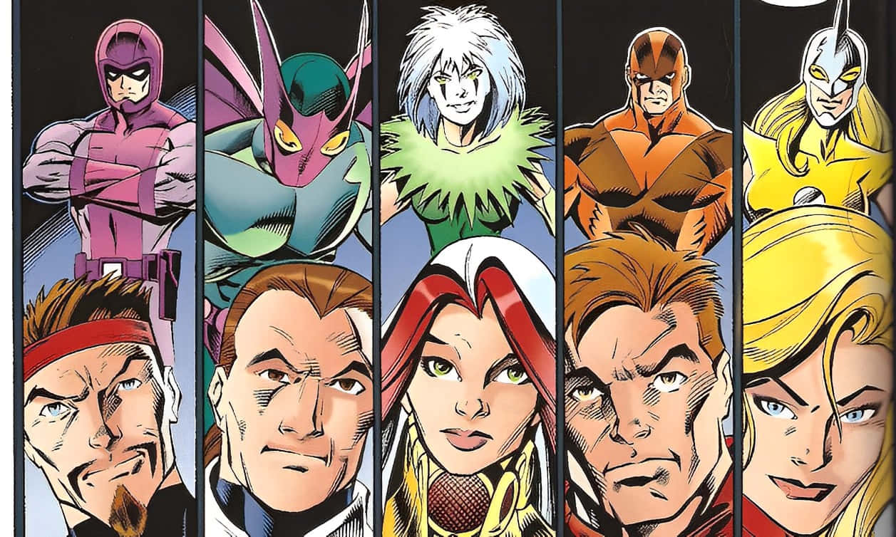Thunderbolts 桌布 壁紙 — 一個漫畫面板，展示八位穿著大膽服裝、表情強烈的超級英雄和反派。