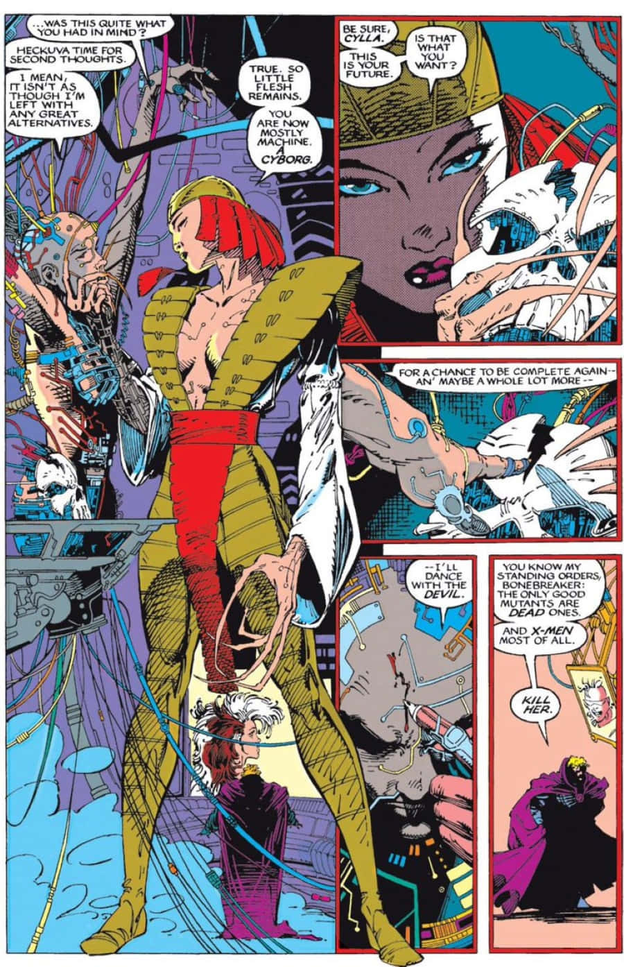 Lady Deathstrike 桌布 壁紙 — 一個漫畫面板，描繪一位身穿黃紅相間服裝的機械人女性，站在未來機械和對話氣泡之間。